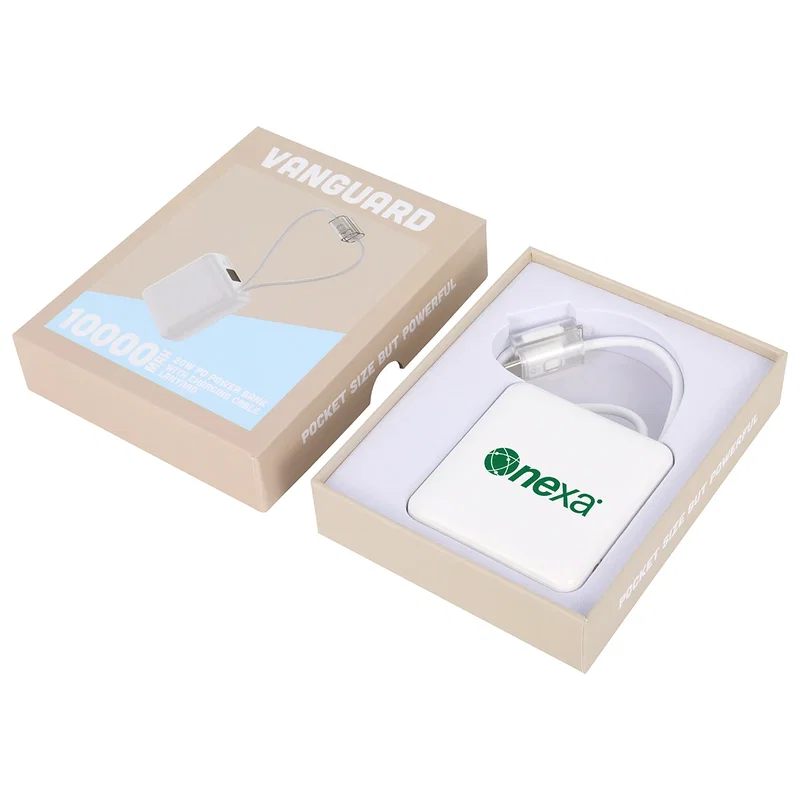 Vanguard 10000mAh Power Bank package opened, contents view of the branded charger