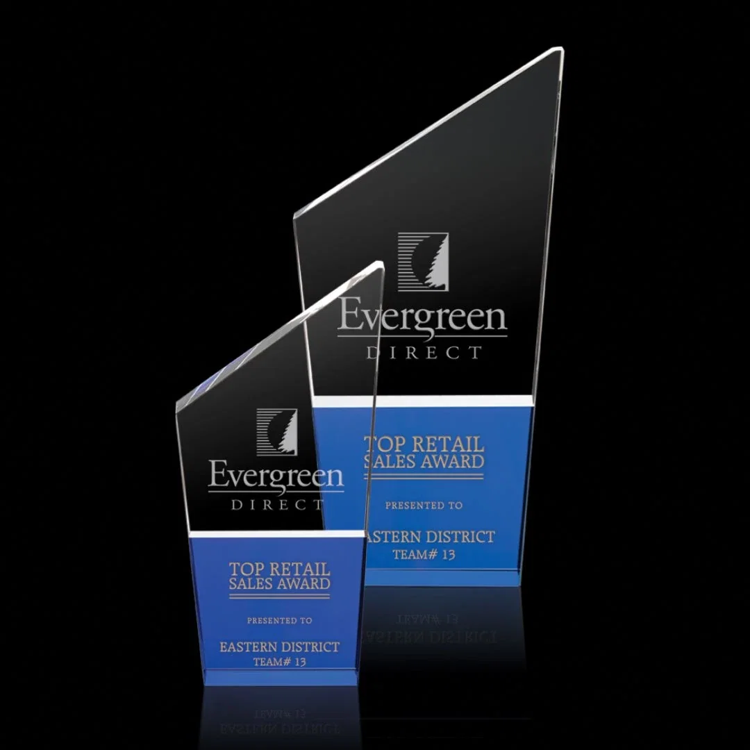 Custom Blue and Clear Optical Crystal Slant-Top Wedge Award, awards for employee recognition