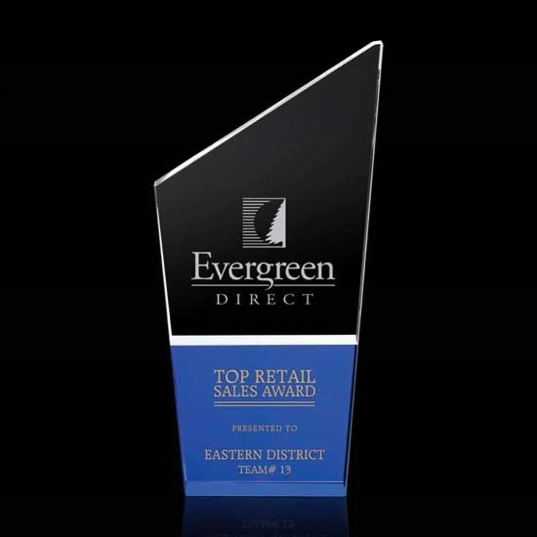 Custom Blue and Clear Optical Crystal Slant-Top Wedge Award, awards for service anniversary gifts