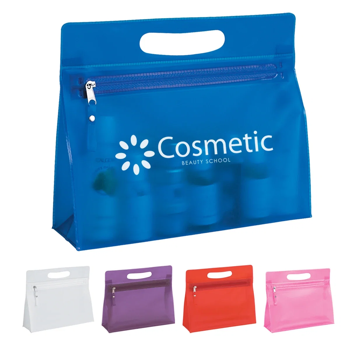 Personalized cosmetic case packed for travel