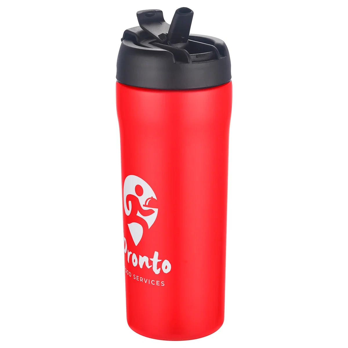 Custom branded Varedo tumbler, dual-use DuoFlow lid detail