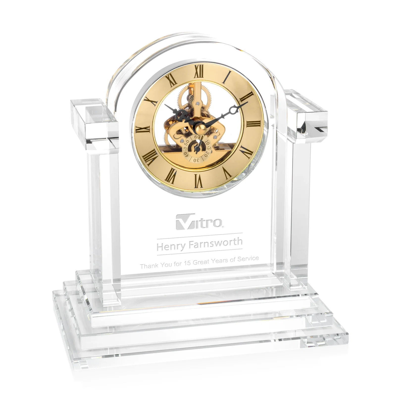 Custom Optical Crystal Pillar Clock With Gold Skeleton on Stepped Base for employee recognition