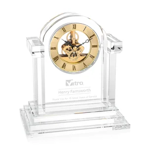 Optical Crystal Pillar Clock With Gold Skeleton on Stepped Base