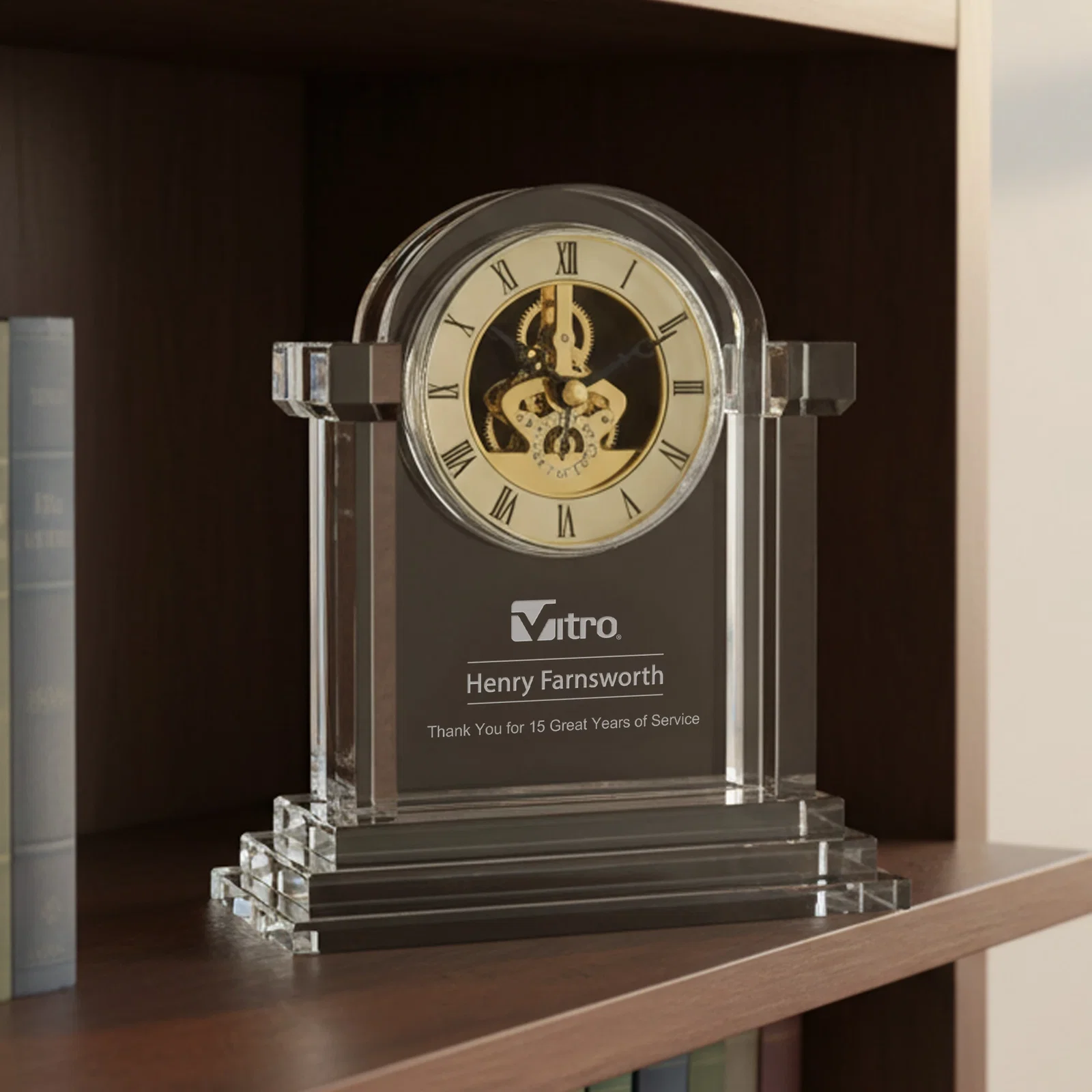 Custom Optical Crystal Pillar Clock With Gold Skeleton on Stepped Base for service anniversary gifts