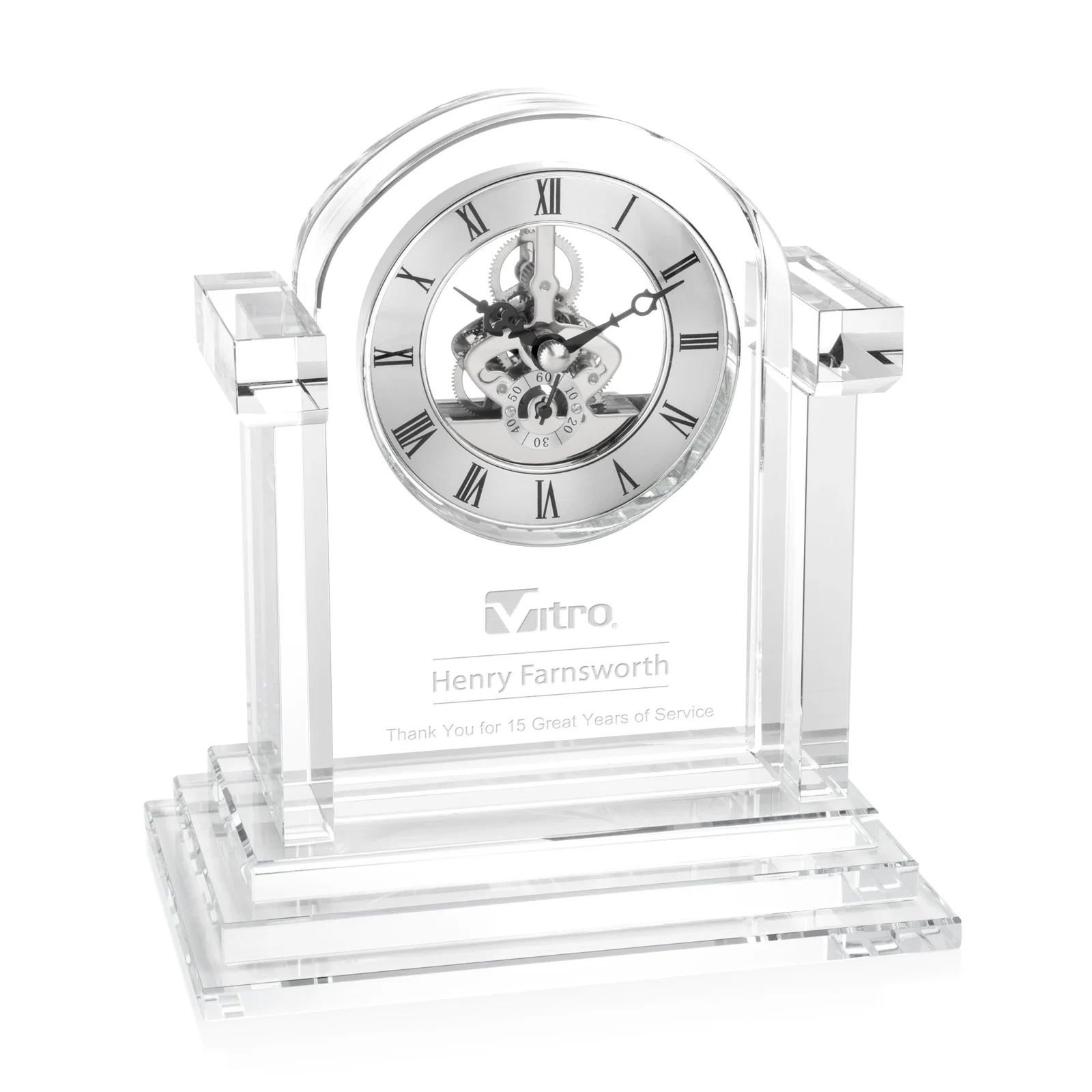 Custom Optical Crystal Pillar Clock With Gold Skeleton on Stepped Base for sales achievement awards