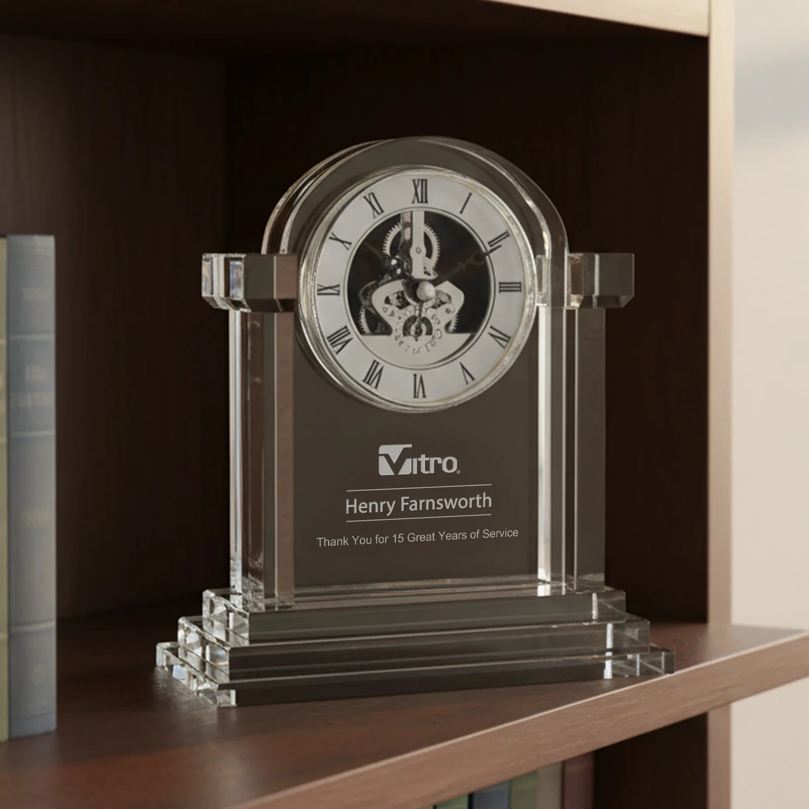 Custom Optical Crystal Pillar Clock With Gold Skeleton on Stepped Base for retirement presentations
