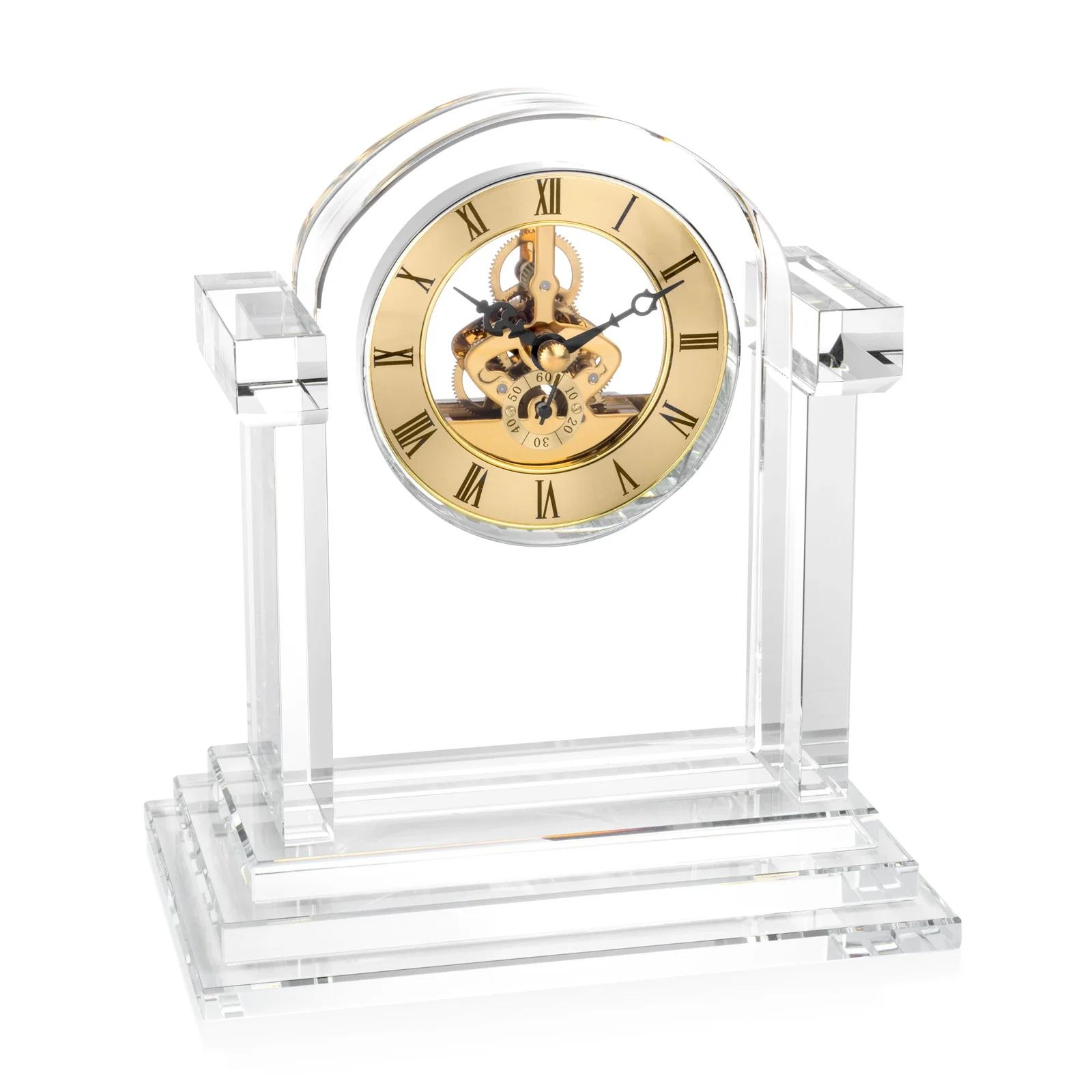 Custom Optical Crystal Pillar Clock With Gold Skeleton on Stepped Base for team milestone celebrations
