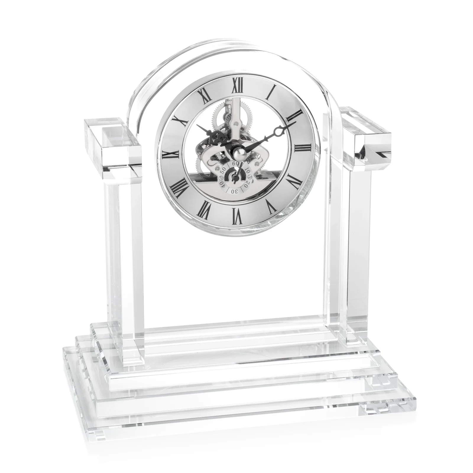 Custom Optical Crystal Pillar Clock With Gold Skeleton on Stepped Base for donor appreciation