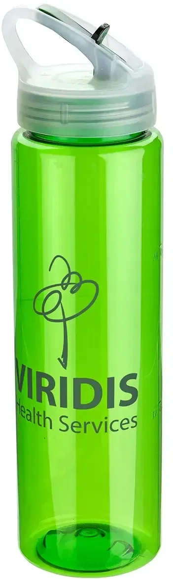 Branded Velo 32 oz PET bottle, side profile with volume markings