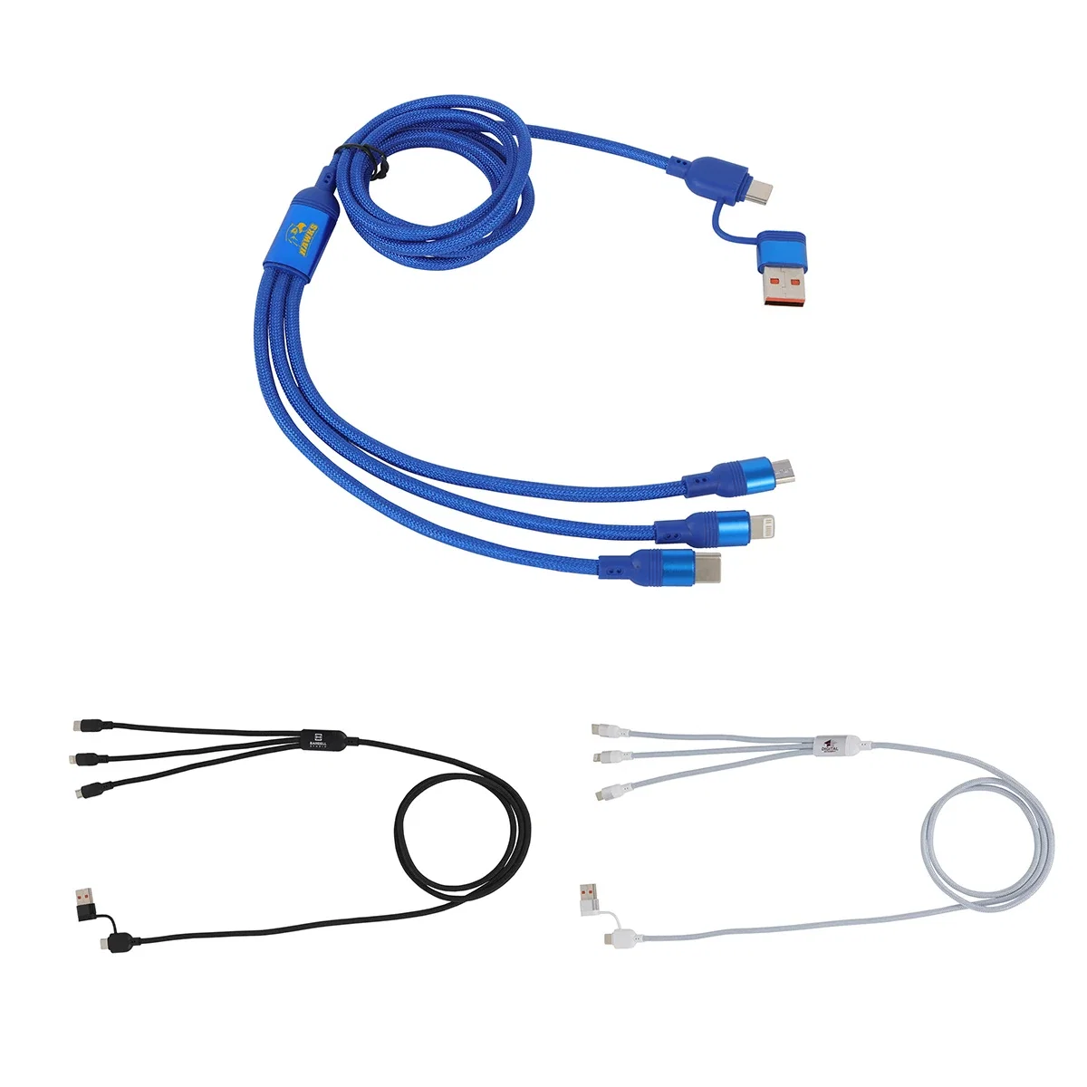Custom Velocity 4-in-1 Charging Cable, front view of the coiled 47-inch cable