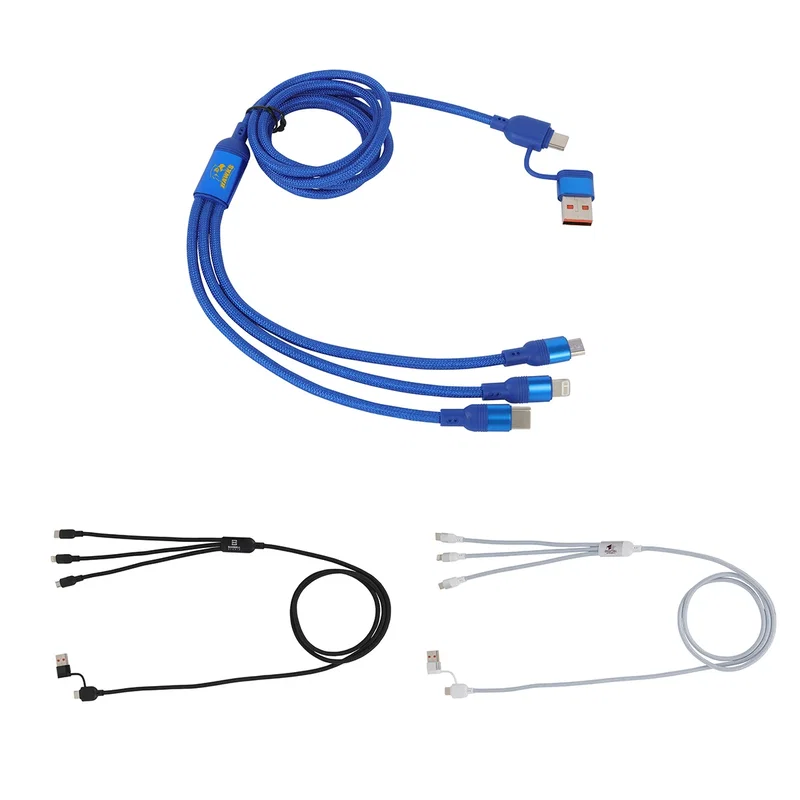 Custom Velocity 4-in-1 Charging Cable, front view of the coiled 47-inch cable