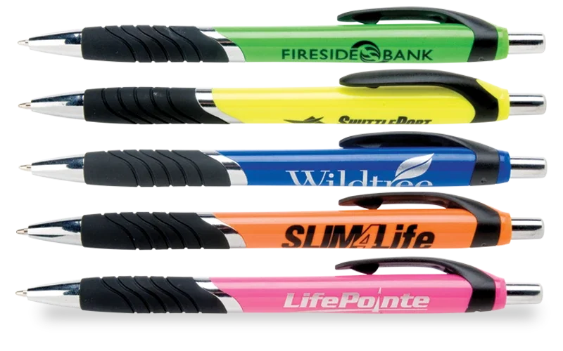 Velocity Neon Silver-Trim Pen. Neon plastic pen with silver trim for trade shows and fundraisers