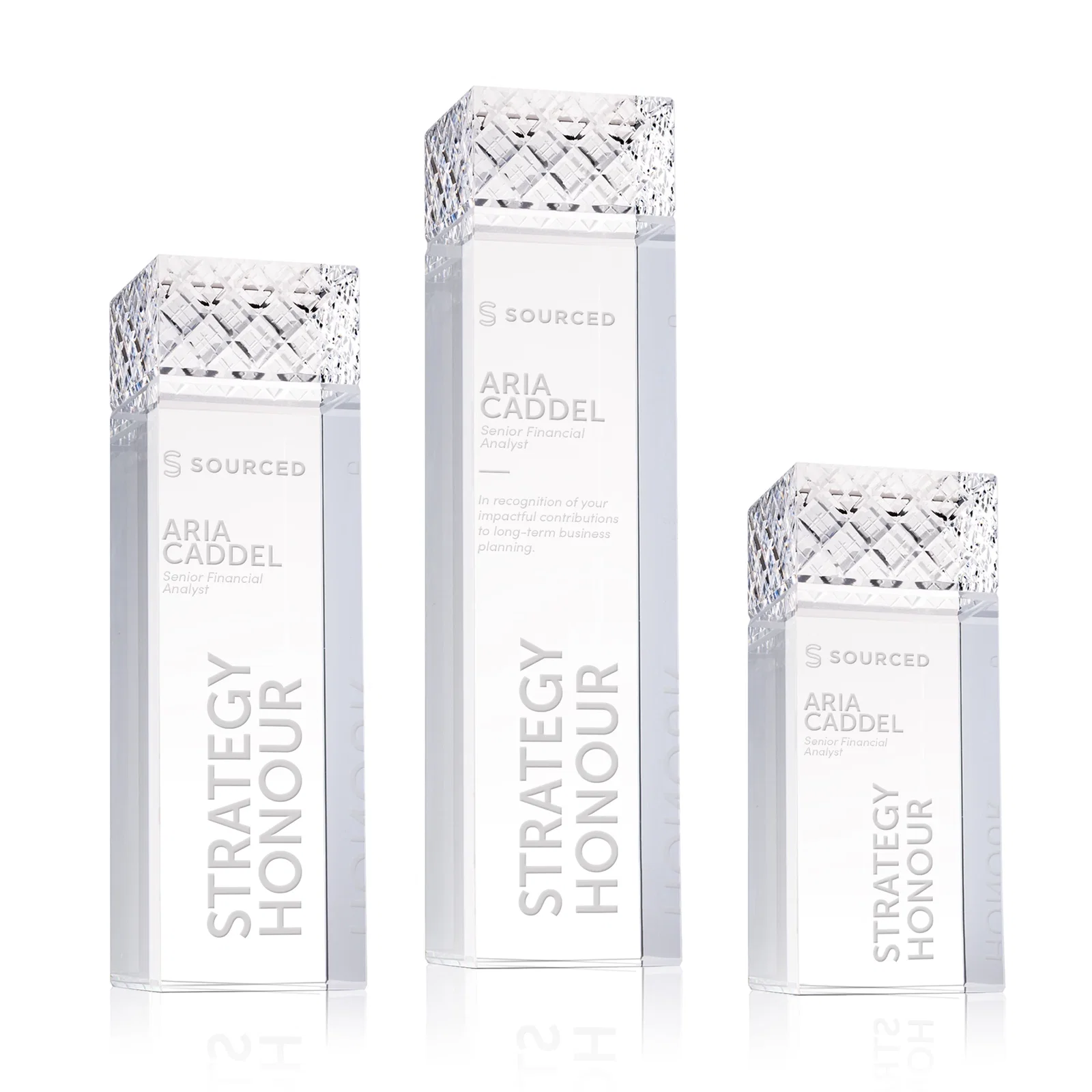 Custom Optical Crystal Rectangular Column Award With Diamond-Cut Top, awards for employee recognition