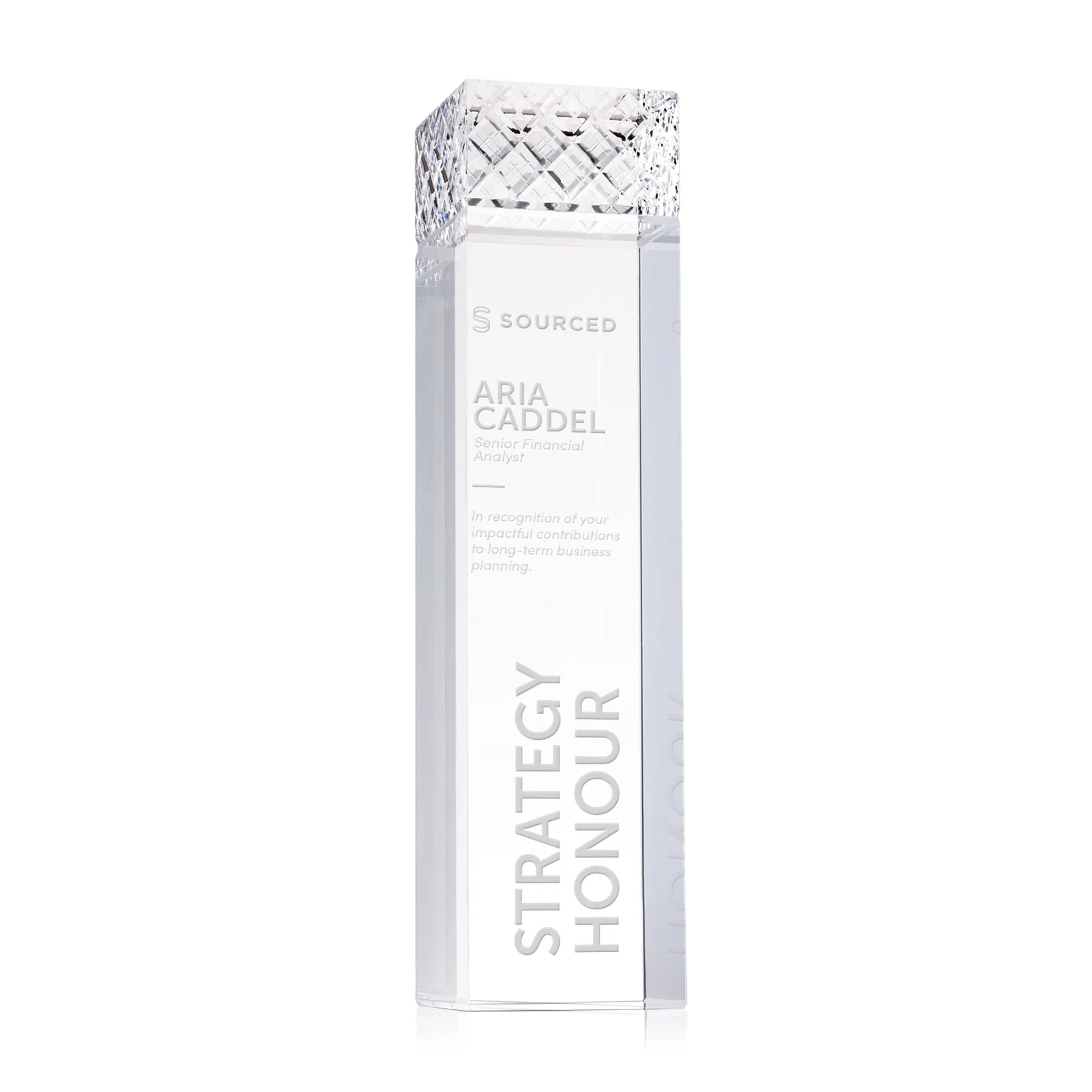Custom Optical Crystal Rectangular Column Award With Diamond-Cut Top, awards for sales achievement awards