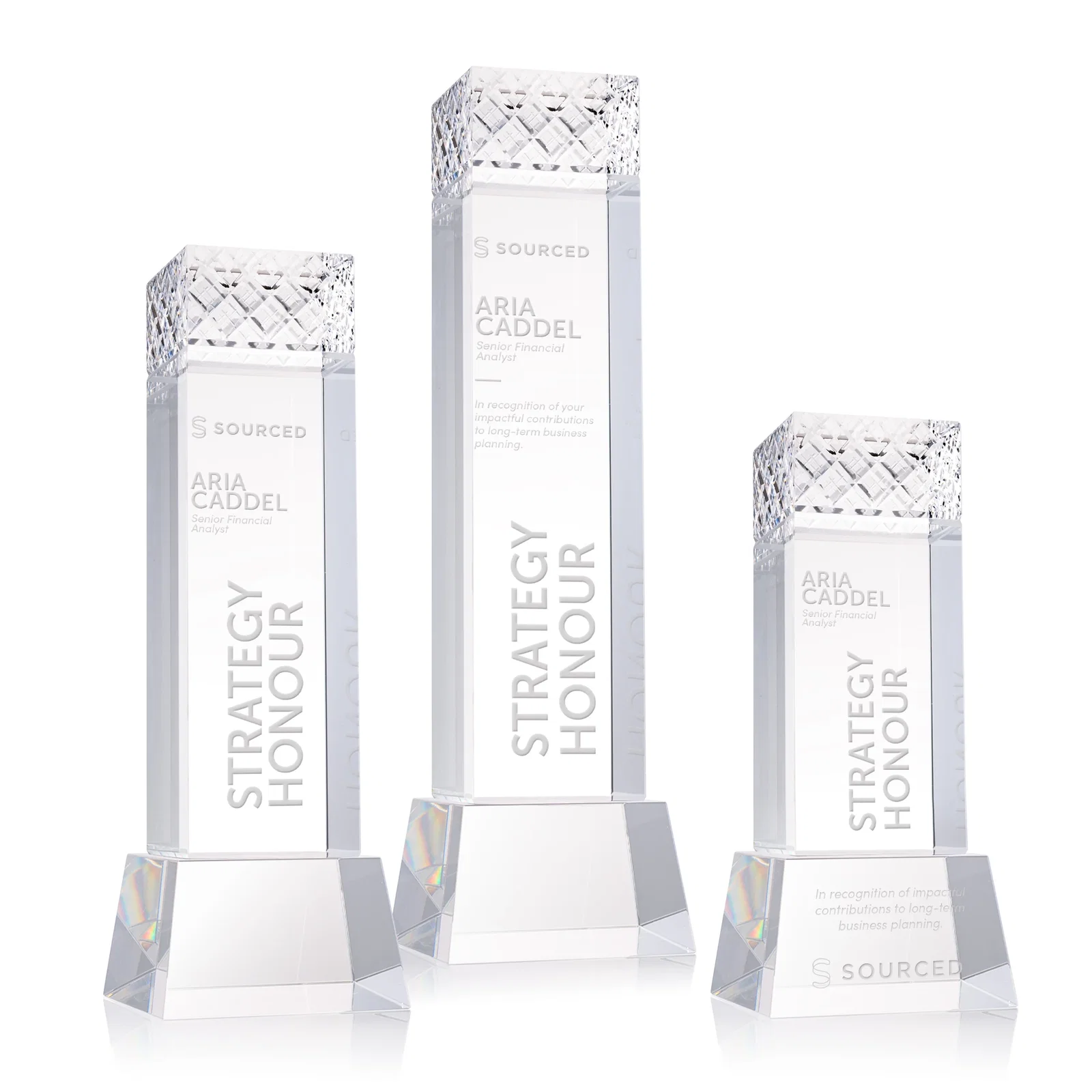 Custom Optical Crystal Column Award With a Diamond-Cut Top, awards for employee recognition