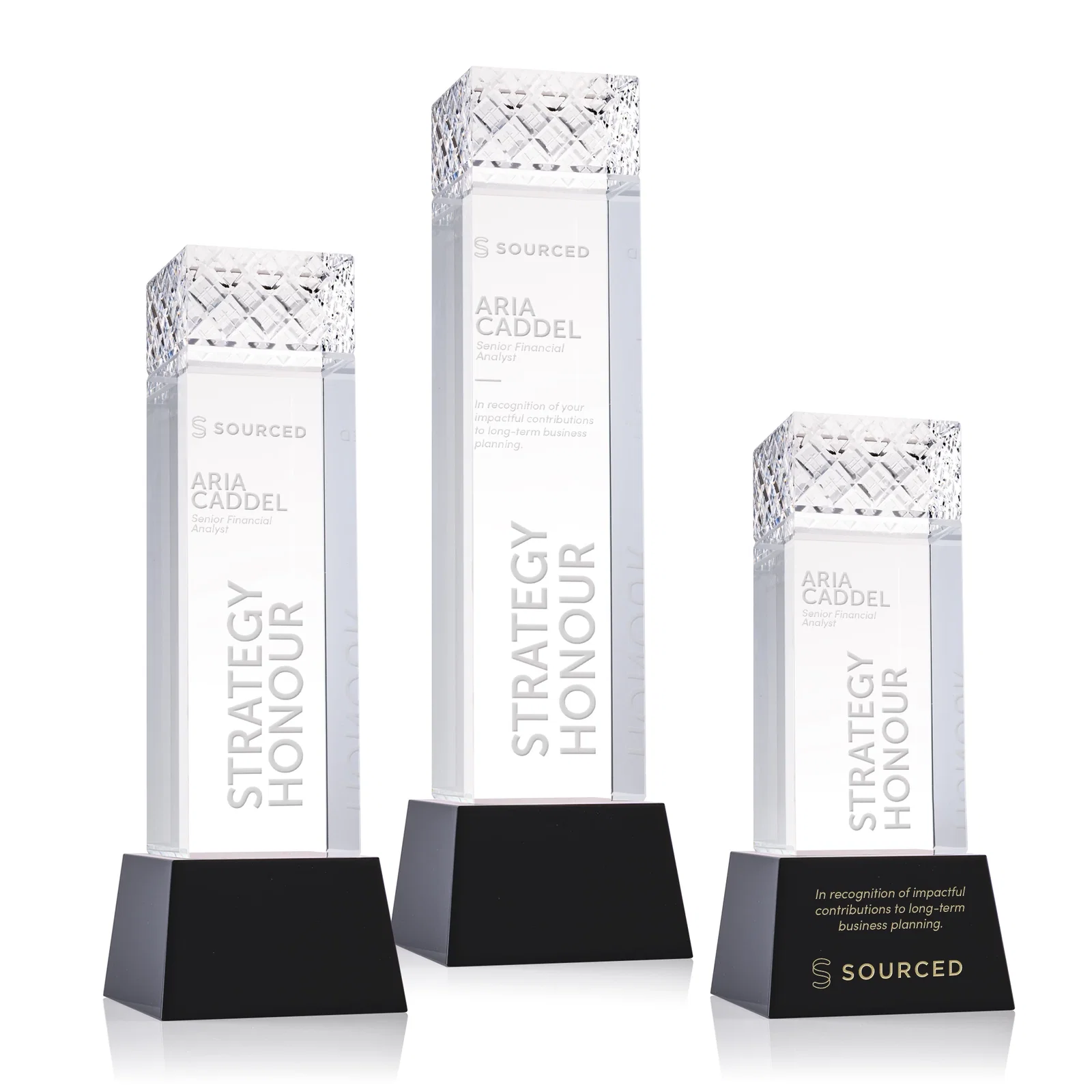 Custom Optical Crystal Column Award With a Diamond-Cut Top, awards for volunteer appreciation