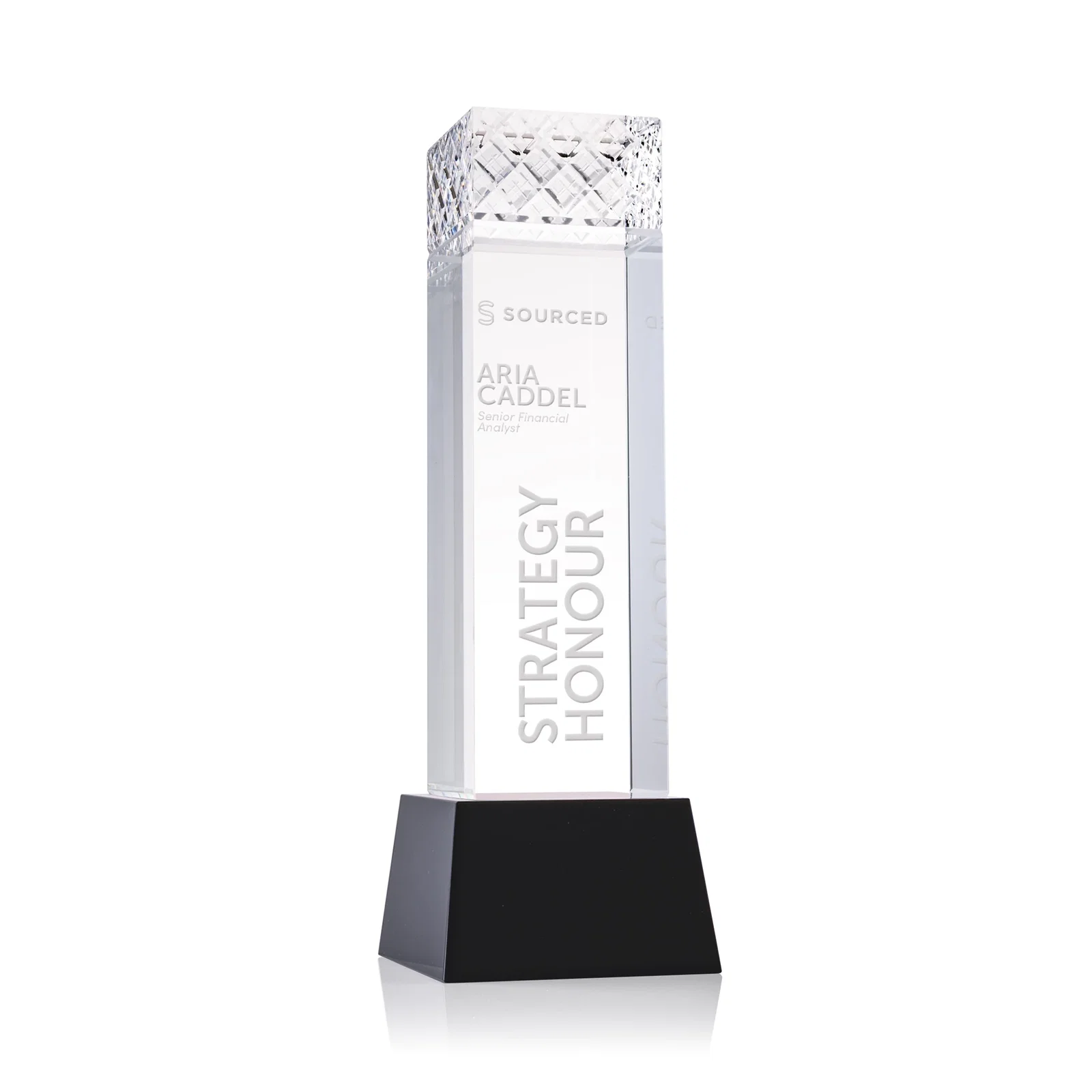 Custom Optical Crystal Column Award With a Diamond-Cut Top, awards for company anniversary events