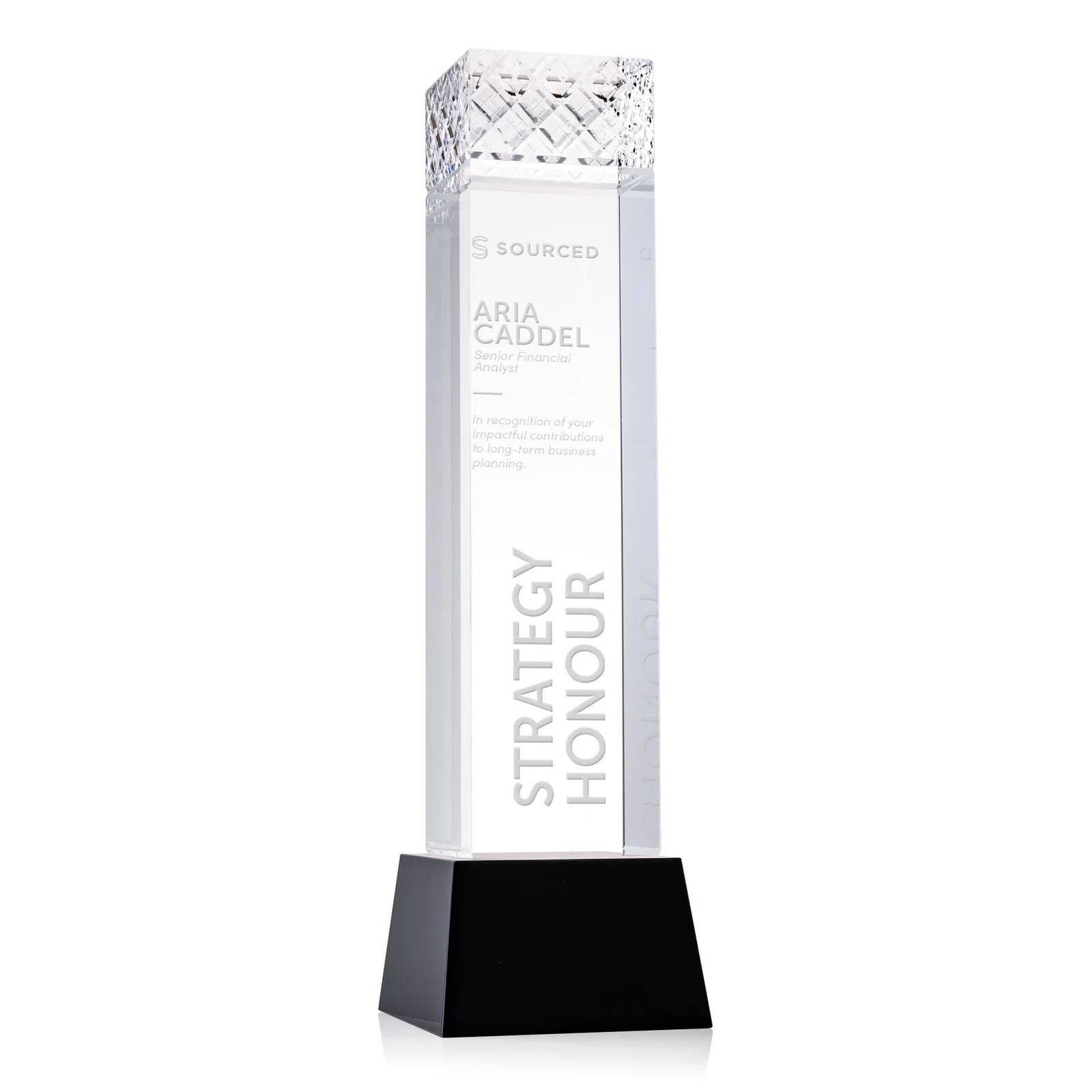 Personalized Optical Crystal Column Award With a Diamond-Cut Top, awards for employee recognition