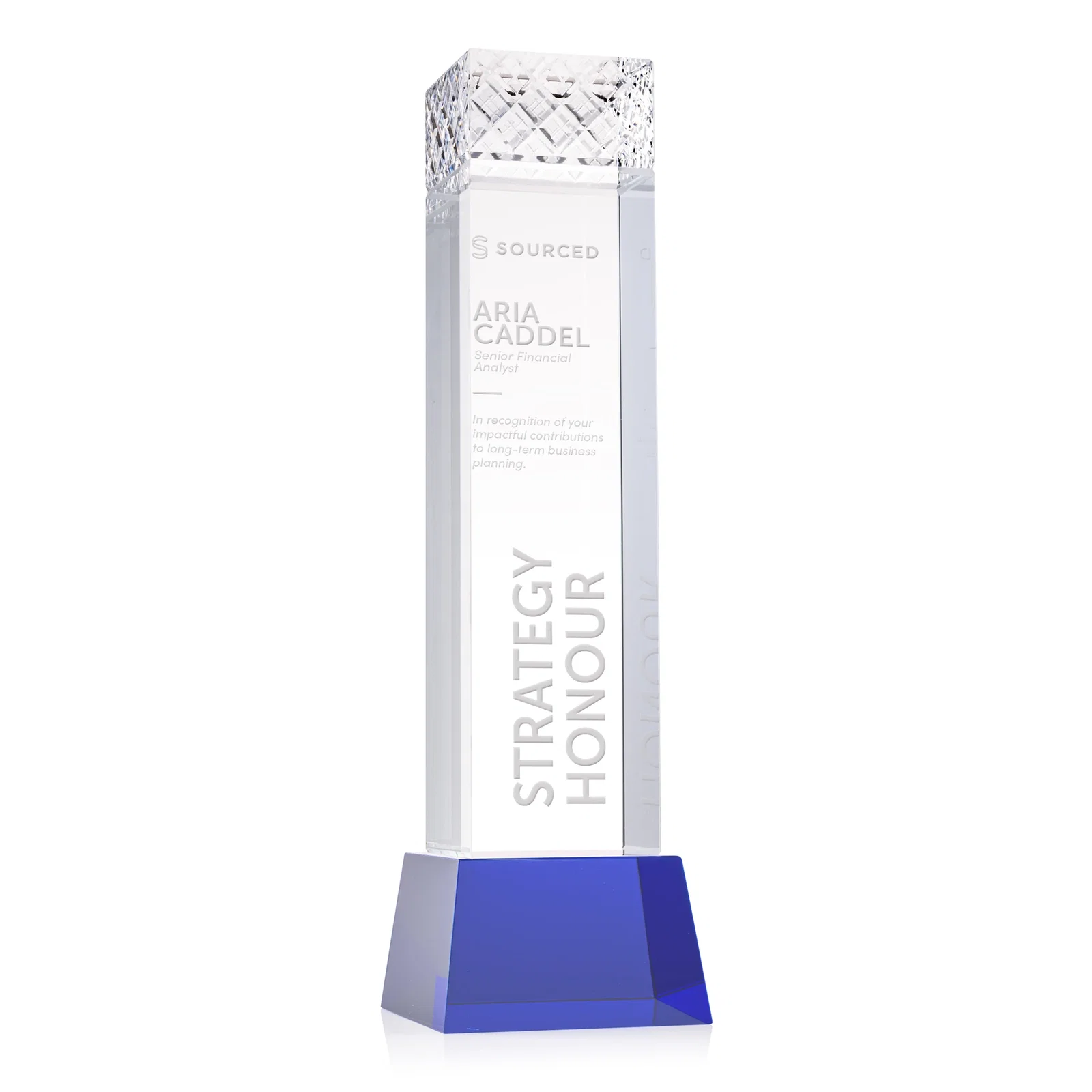 Personalized Optical Crystal Column Award With a Diamond-Cut Top, awards for retirement presentations