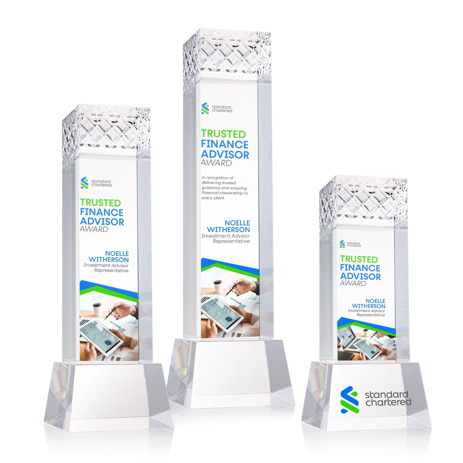 Personalized Optical Crystal Column Award With a Diamond-Cut Top, awards for team milestone celebrations