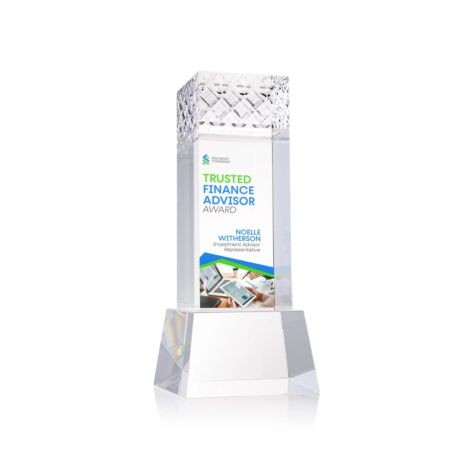 Personalized Optical Crystal Column Award With a Diamond-Cut Top, awards for donor appreciation