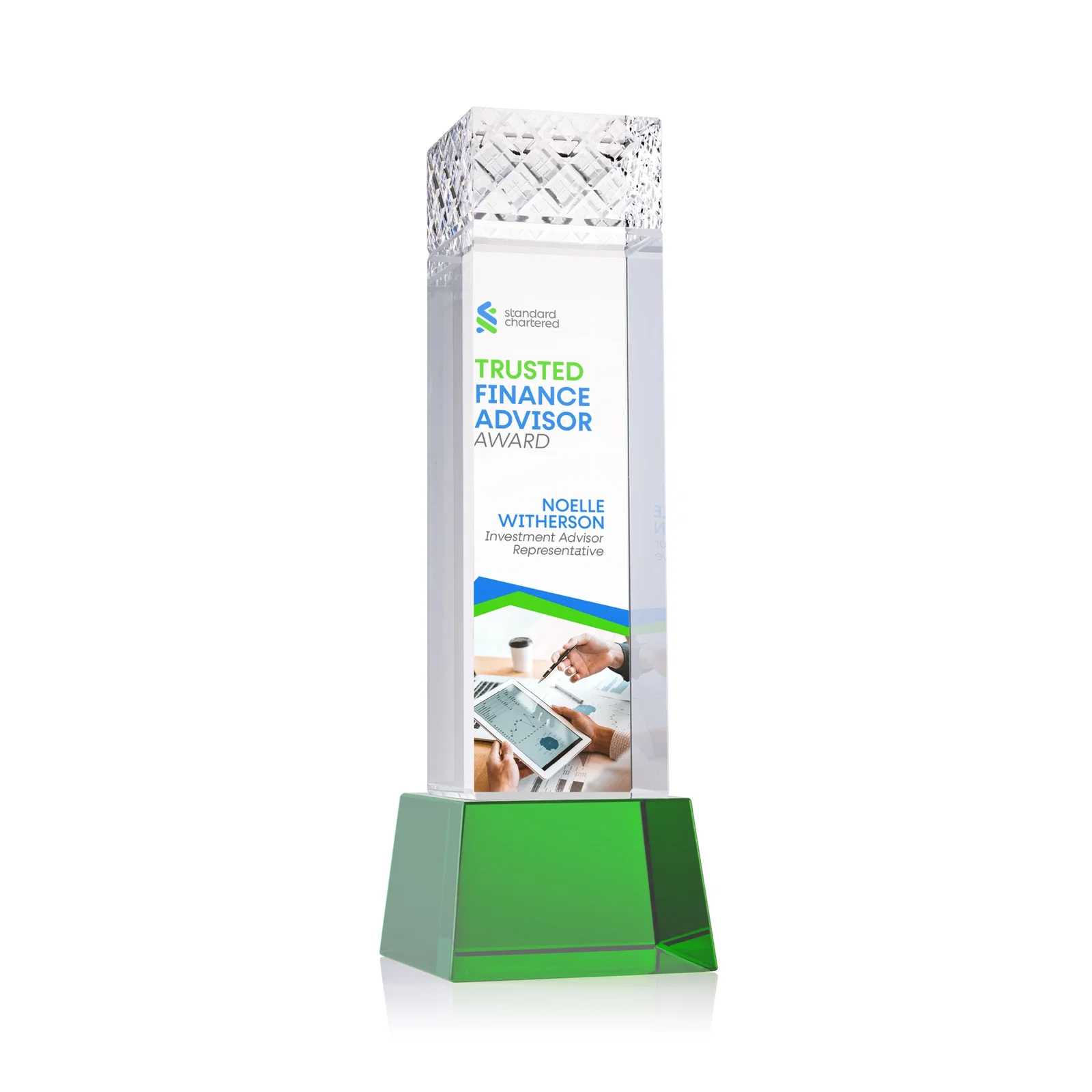 Personalized Optical Crystal Column Award With a Diamond-Cut Top, awards for company anniversary events
