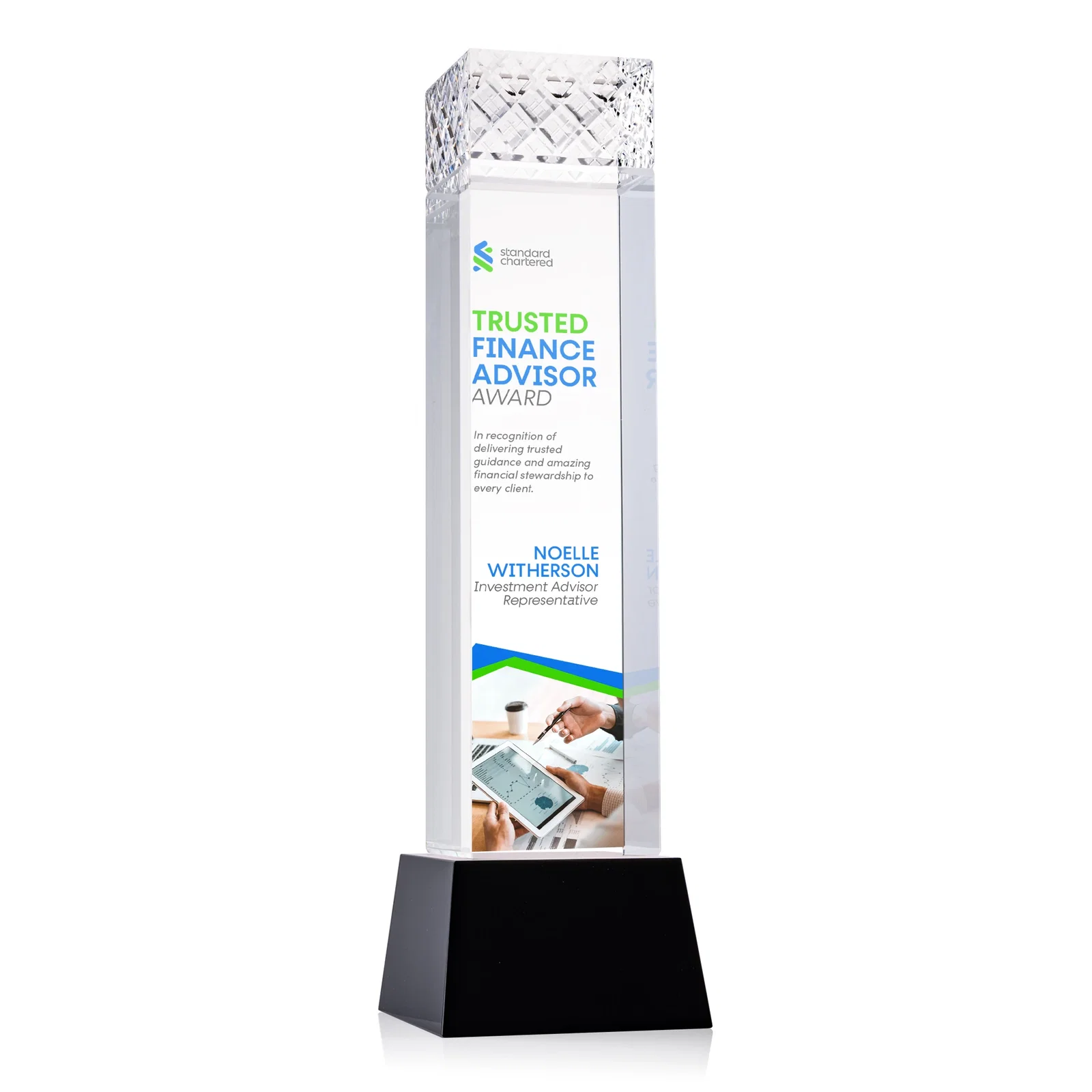 Promotional Optical Crystal Column Award With a Diamond-Cut Top, awards for retirement presentations