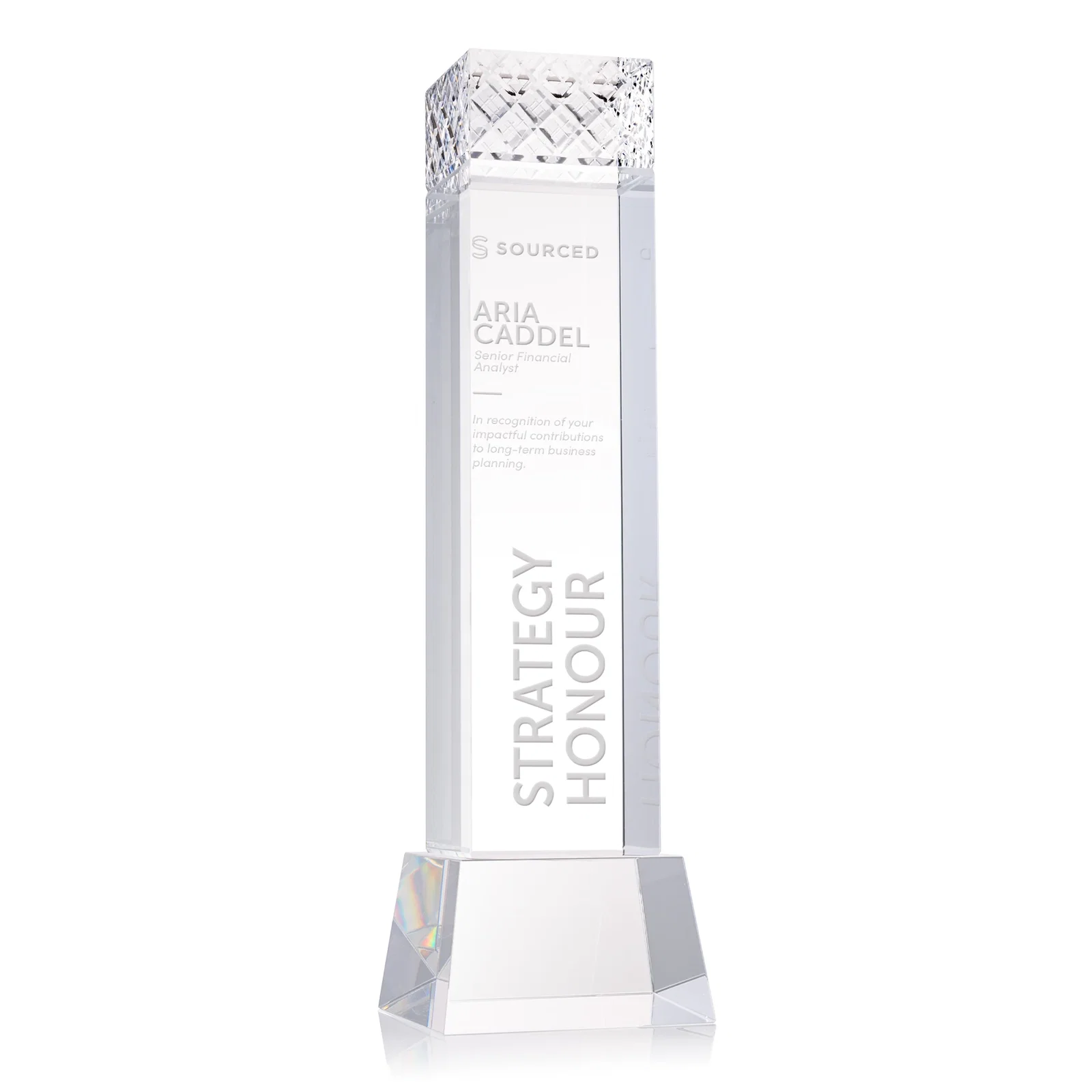 Custom Optical Crystal Column Award With a Diamond-Cut Top, awards for sales achievement awards
