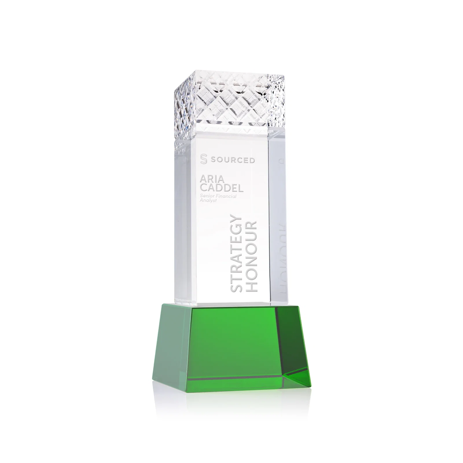 Custom Optical Crystal Column Award With a Diamond-Cut Top, awards for donor appreciation