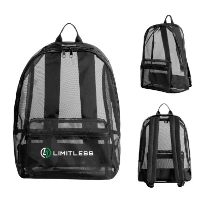 Black mesh backpack shown upright with both shoulder straps visible