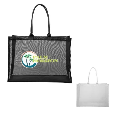 Mesh tote bag with wide handles and an open top