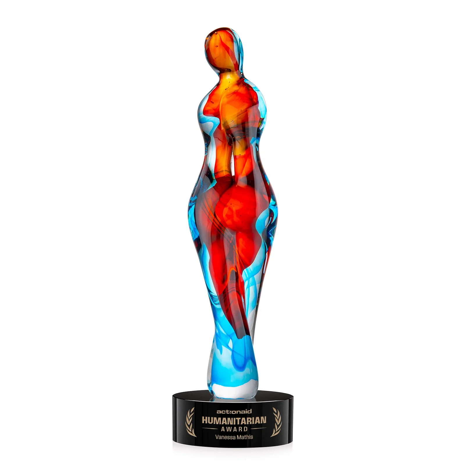 Custom Female Silhouette Art Glass Award With Suspended Color Swirls for volunteer appreciation