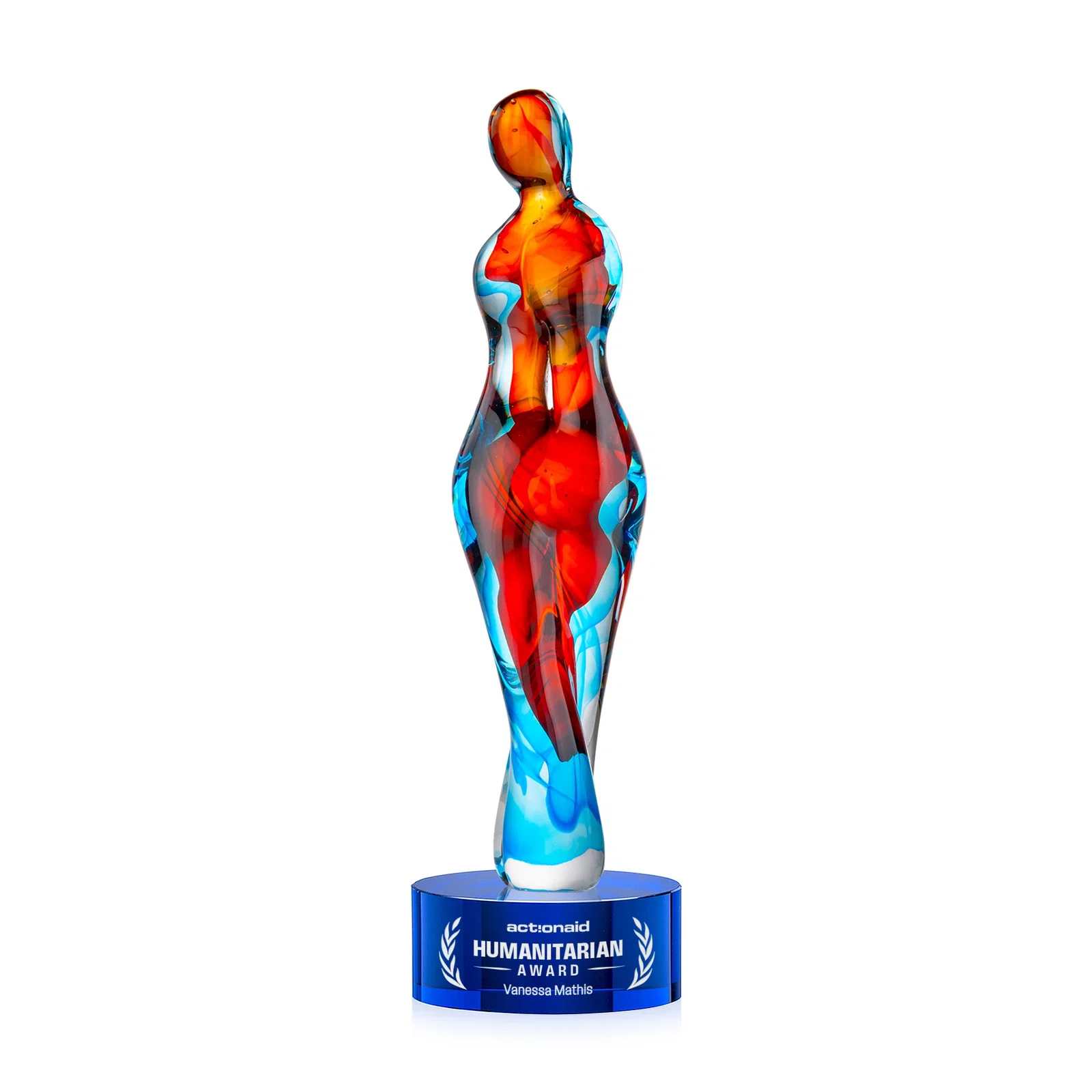 Personalized Female Silhouette Art Glass Award With Suspended Color Swirls for employee recognition
