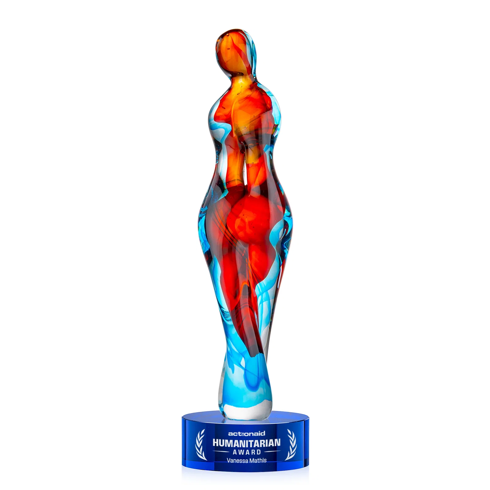 Personalized Female Silhouette Art Glass Award With Suspended Color Swirls for corporate award ceremonies