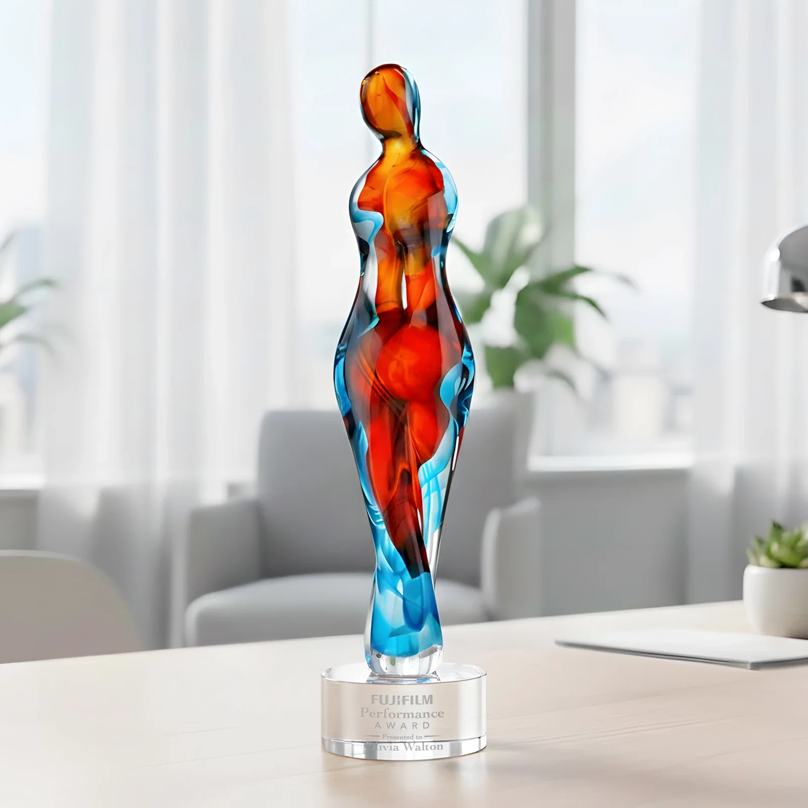 Custom Female Silhouette Art Glass Award With Suspended Color Swirls for team milestone celebrations