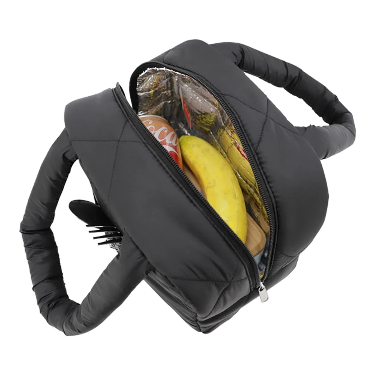 Veranda Quilted Nylon Lunch Bag shown open, interior view of the insulated lining