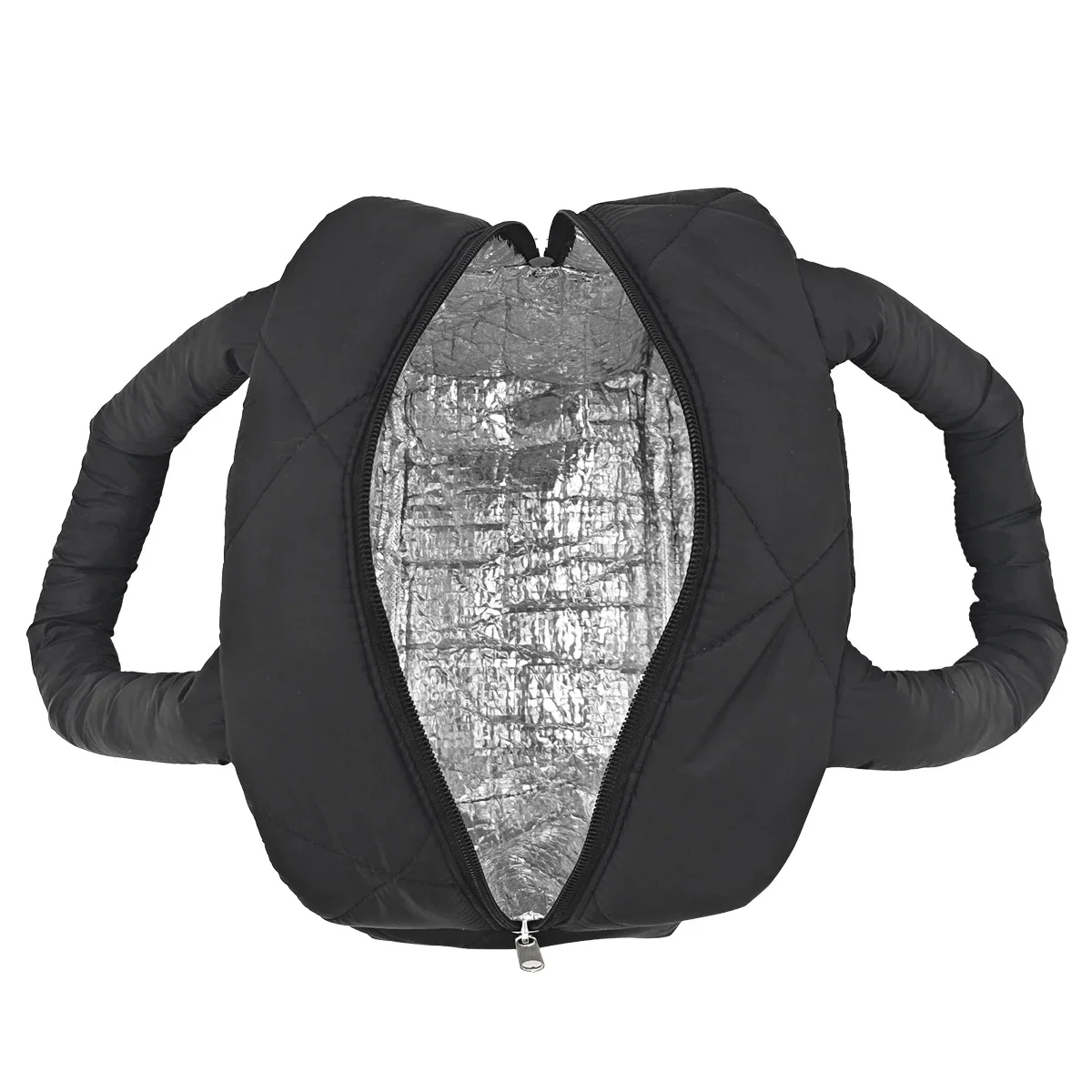 Veranda Quilted Nylon Lunch Bag opened flat, front view of the reflective insulated interior lining