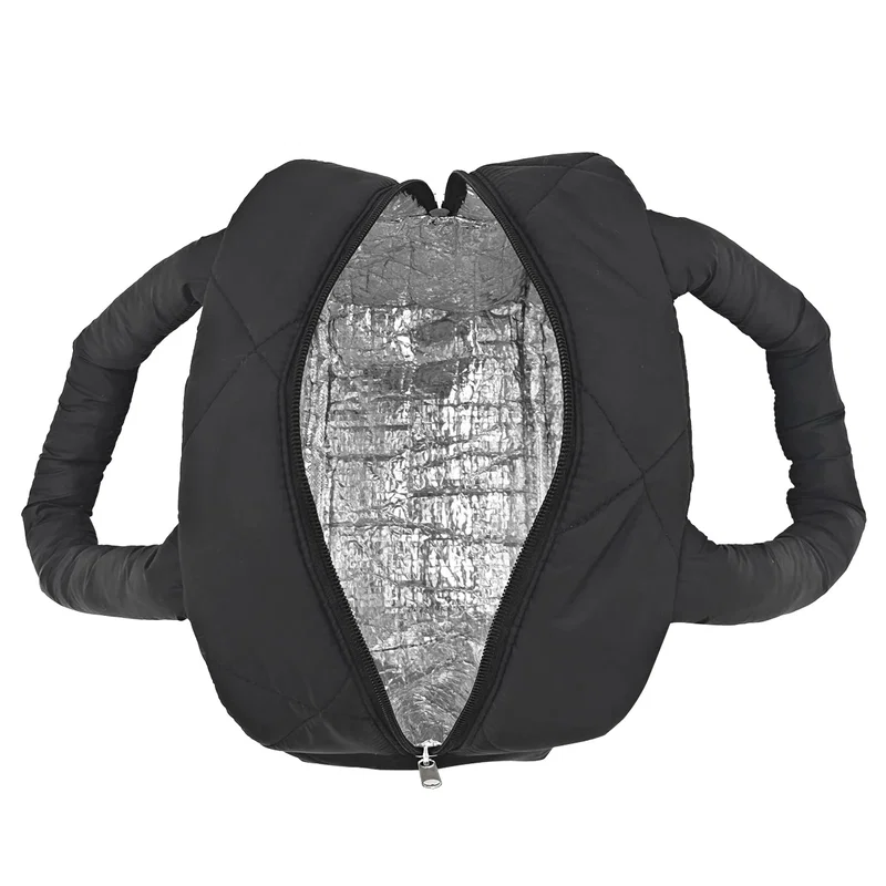 Veranda Quilted Nylon Lunch Bag opened flat, front view of the reflective insulated interior lining