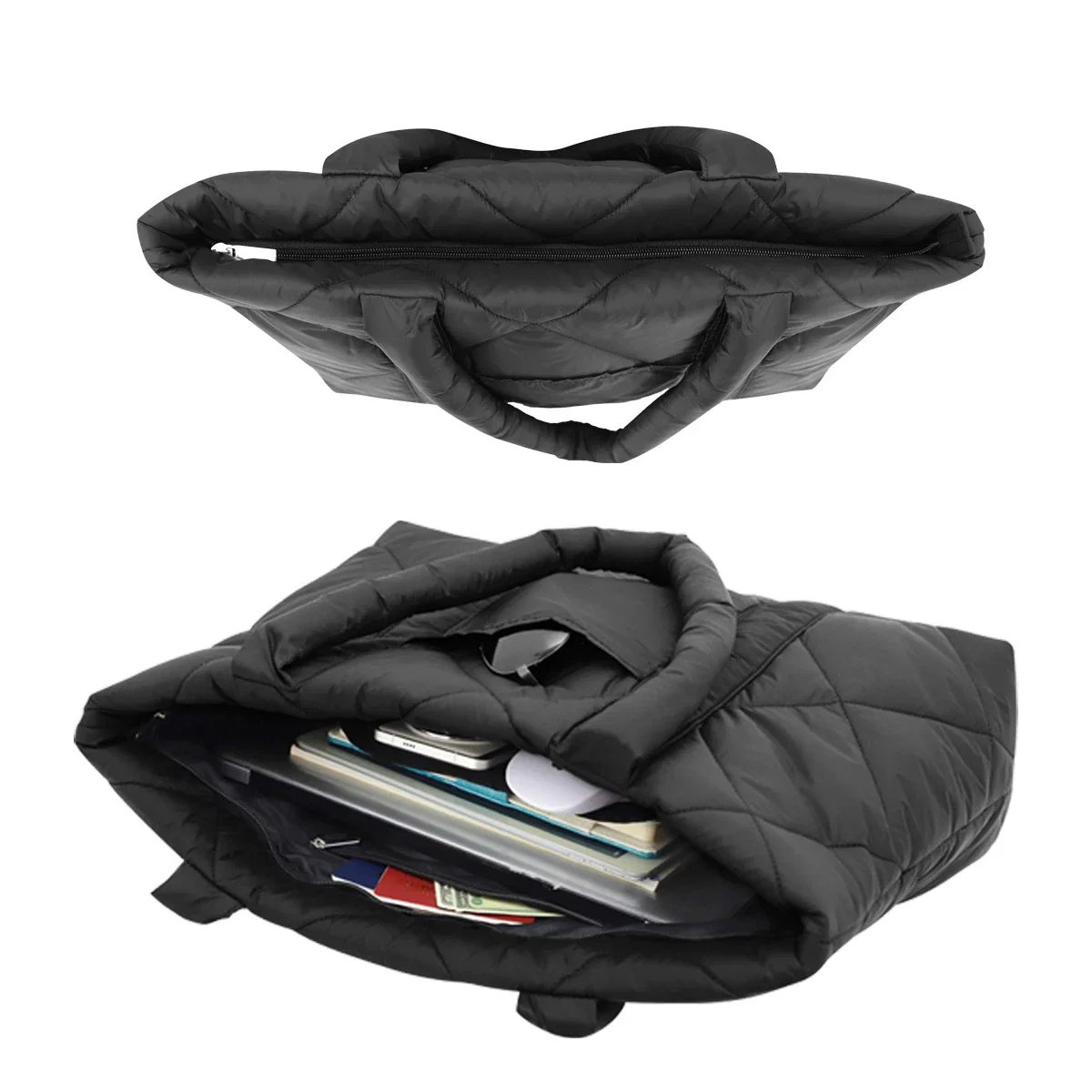Veranda Quilted Nylon Tote Bag shown from above with the zipper open, interior view of a laptop and wallet stored inside