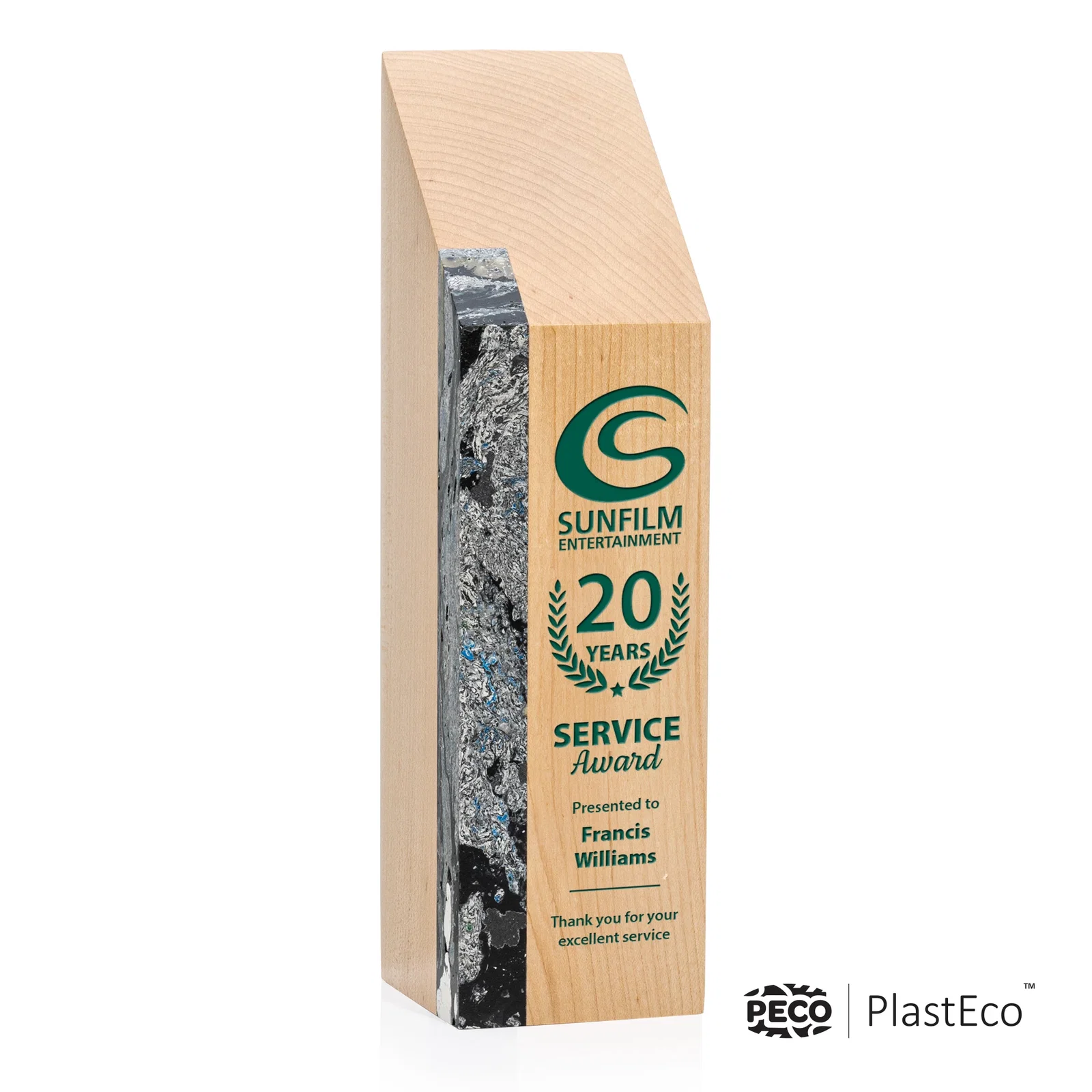 Custom PlastEco Recycled Material Award - Verde, wood awards for company anniversary events
