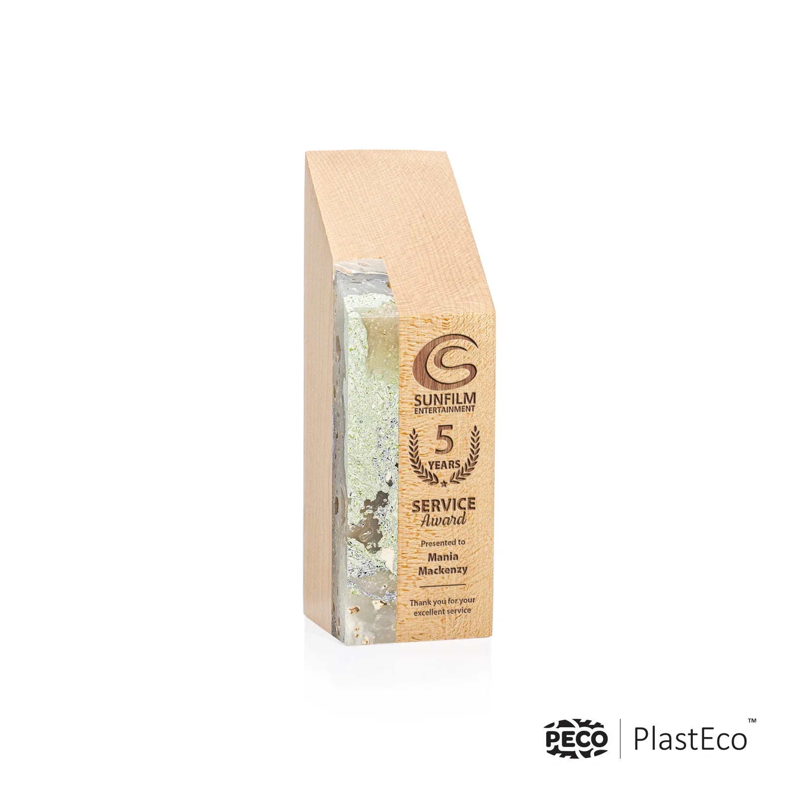 Custom PlastEco Recycled Material Award - Verde, wood awards for team milestone celebrations