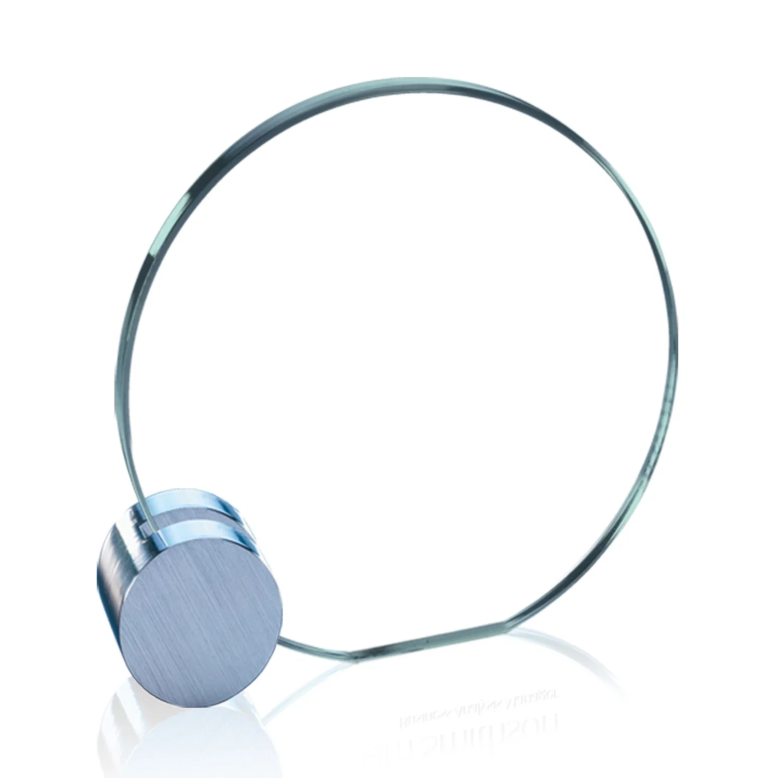 Personalized Jade Glass Circle Award on an Aluminum Corner-Disk Holder for corporate award ceremonies