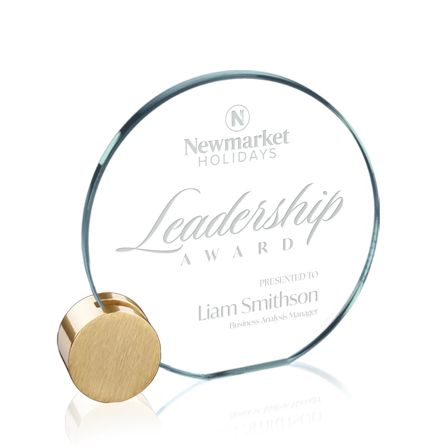 Custom Jade Glass Circle Award on an Aluminum Corner-Disk Holder for corporate award ceremonies