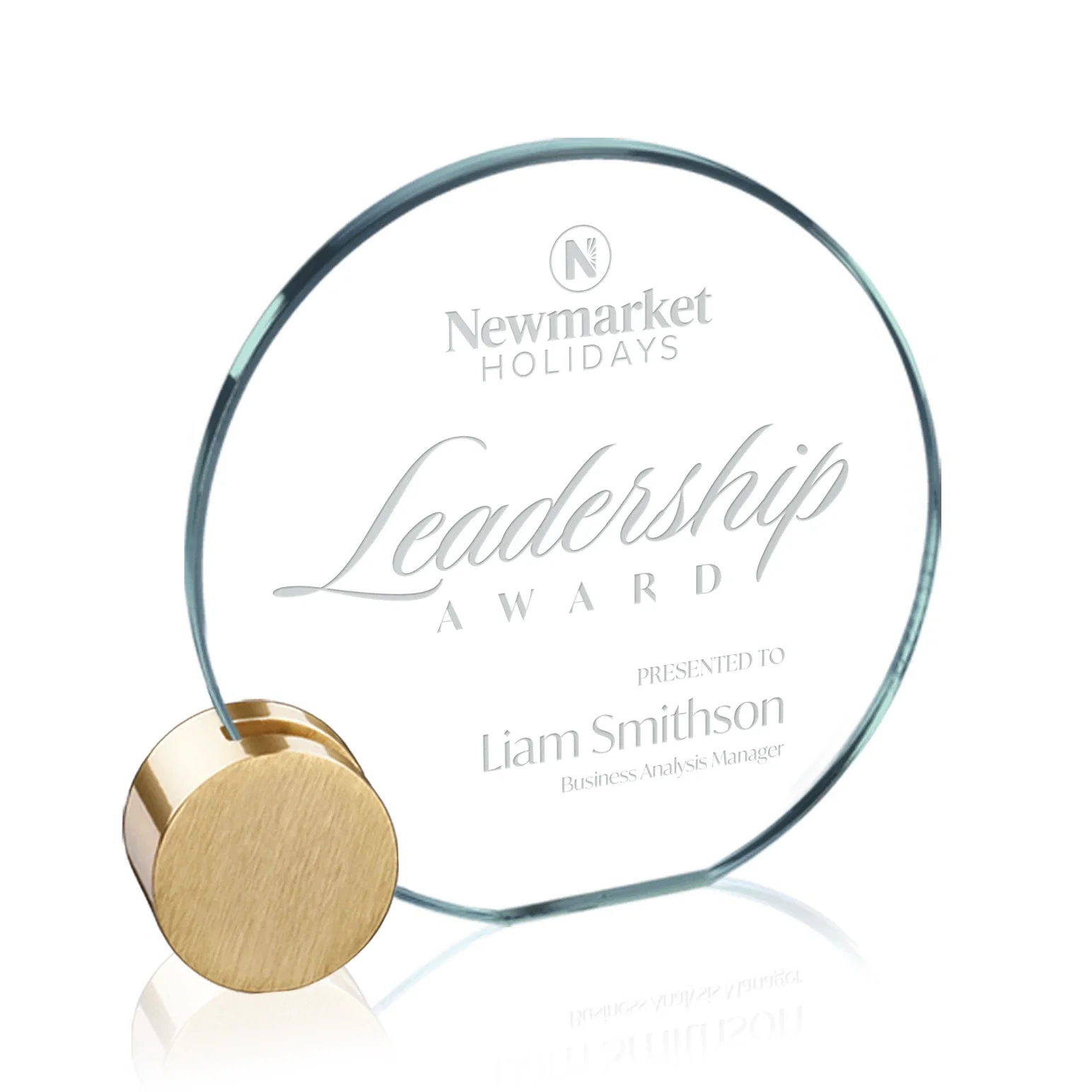 Custom Jade Glass Circle Award on an Aluminum Corner-Disk Holder for service anniversary gifts