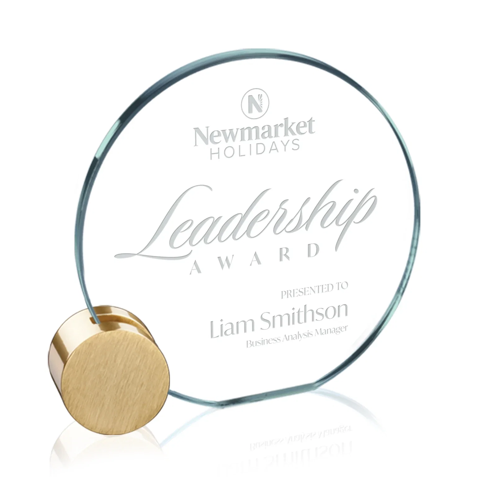 Custom Jade Glass Circle Award on an Aluminum Corner-Disk Holder for sales achievement awards