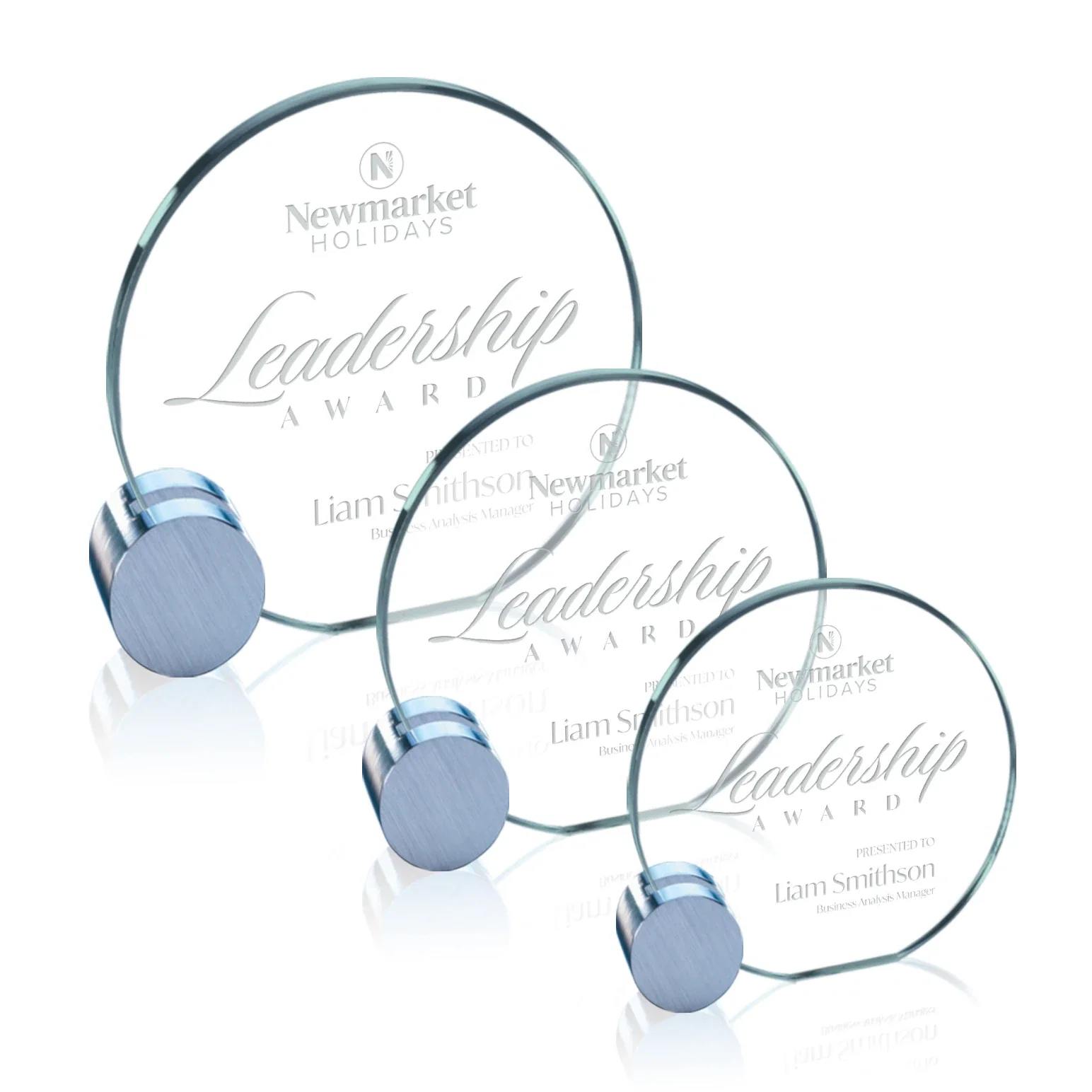 Custom Jade Glass Circle Award on an Aluminum Corner-Disk Holder for retirement presentations