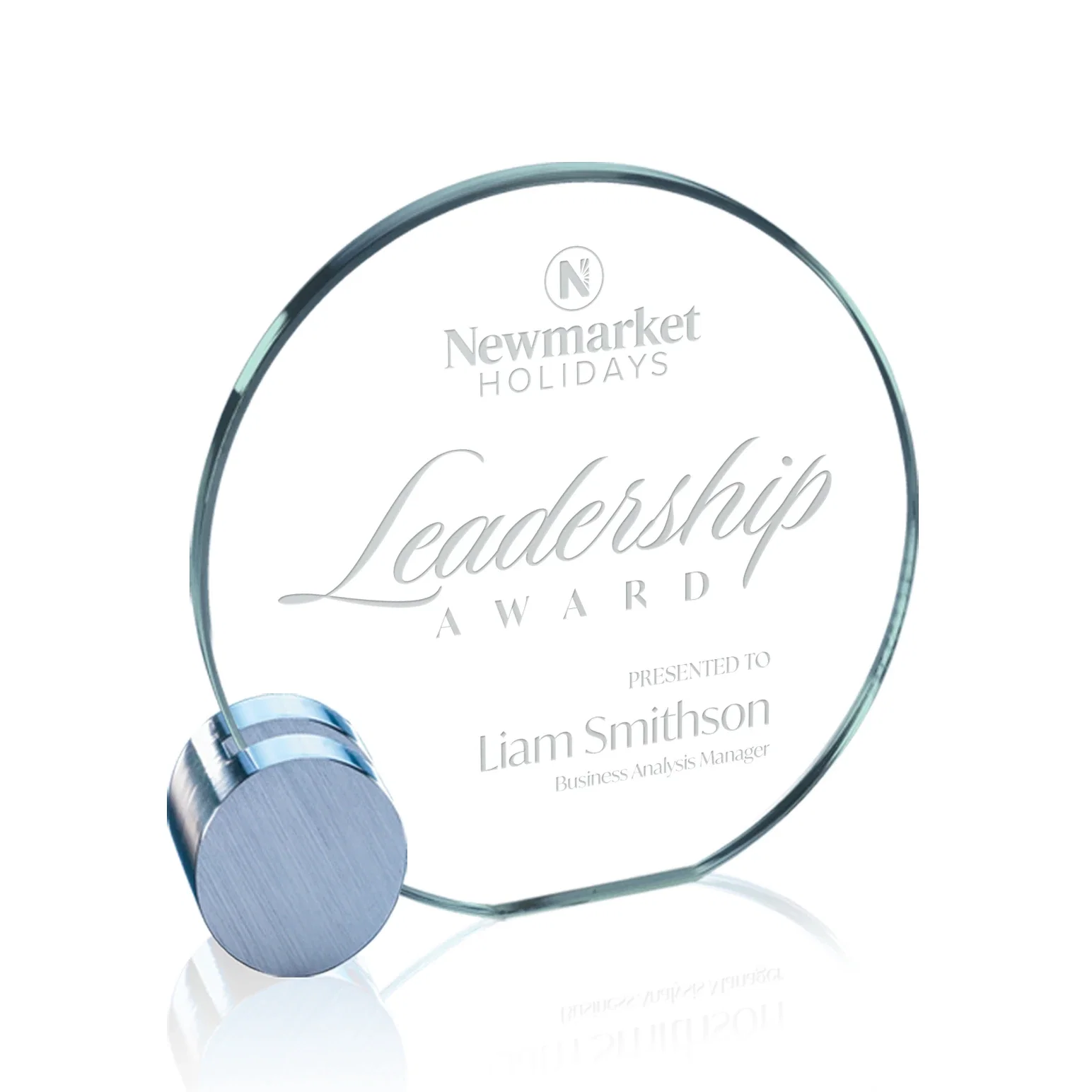 Custom Jade Glass Circle Award on an Aluminum Corner-Disk Holder for team milestone celebrations
