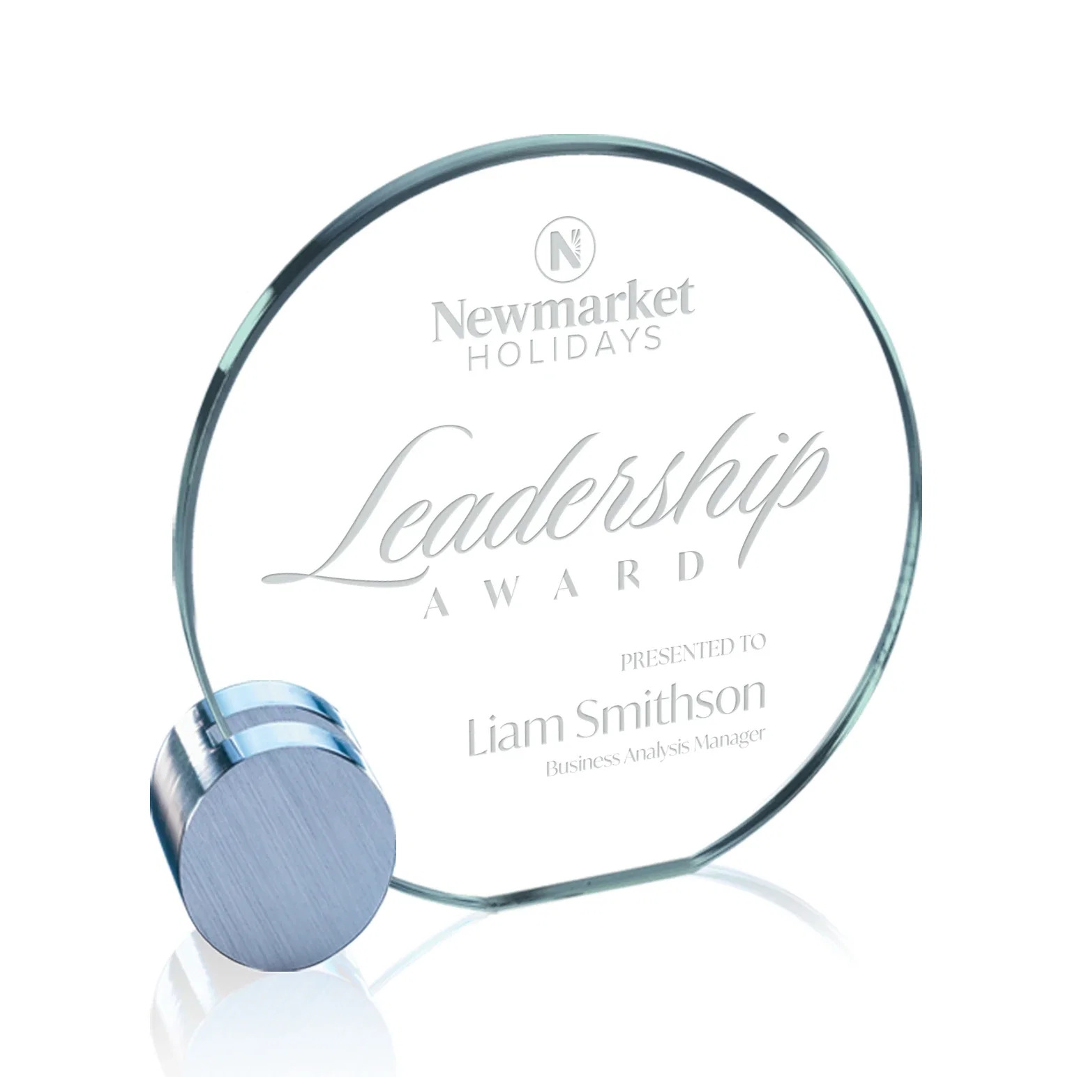 Custom Jade Glass Circle Award on an Aluminum Corner-Disk Holder for donor appreciation