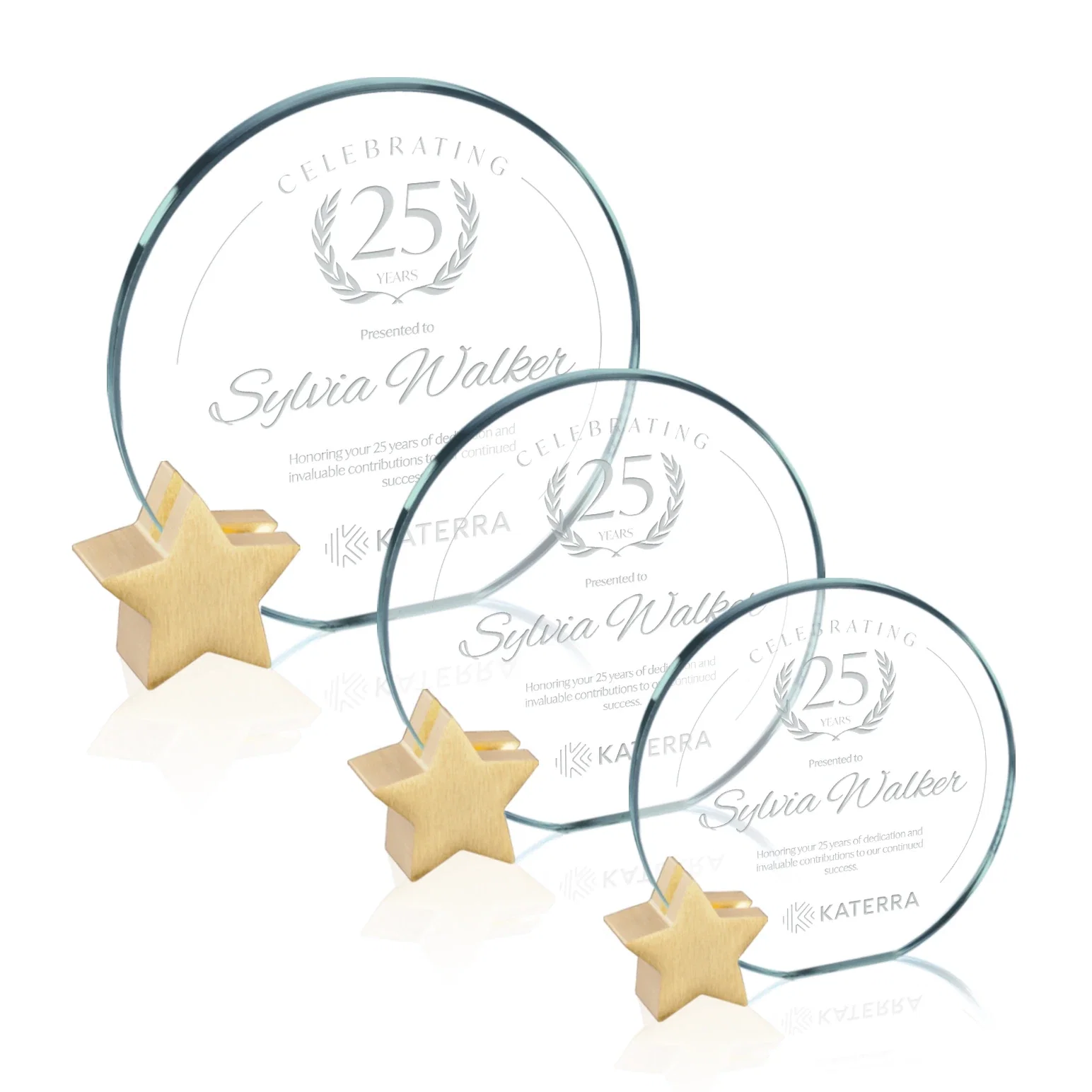 Custom Jade Glass Circle Award on an Aluminum Star-Shaped Holder for employee recognition