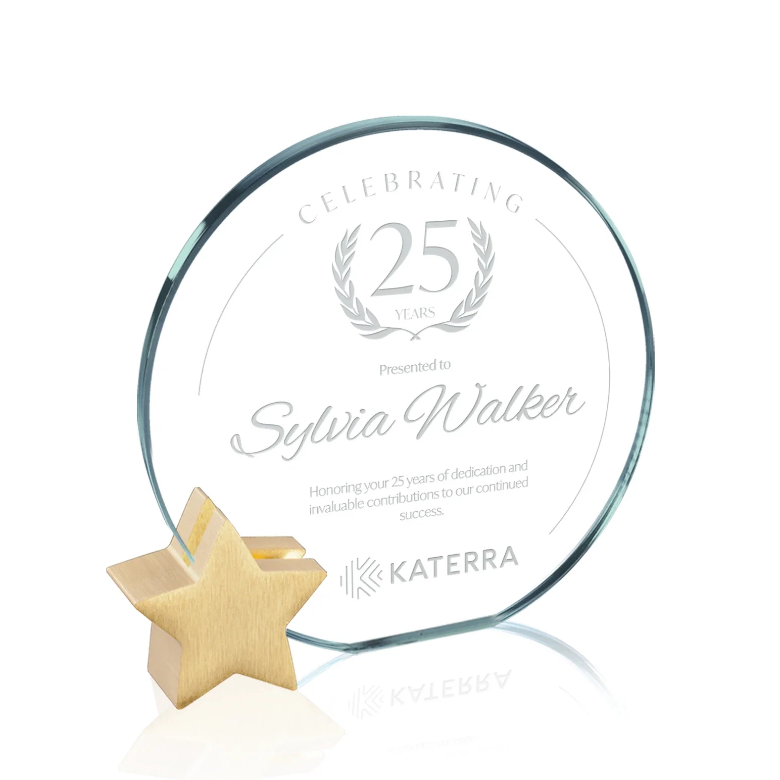 Custom Jade Glass Circle Award on an Aluminum Star-Shaped Holder for corporate award ceremonies